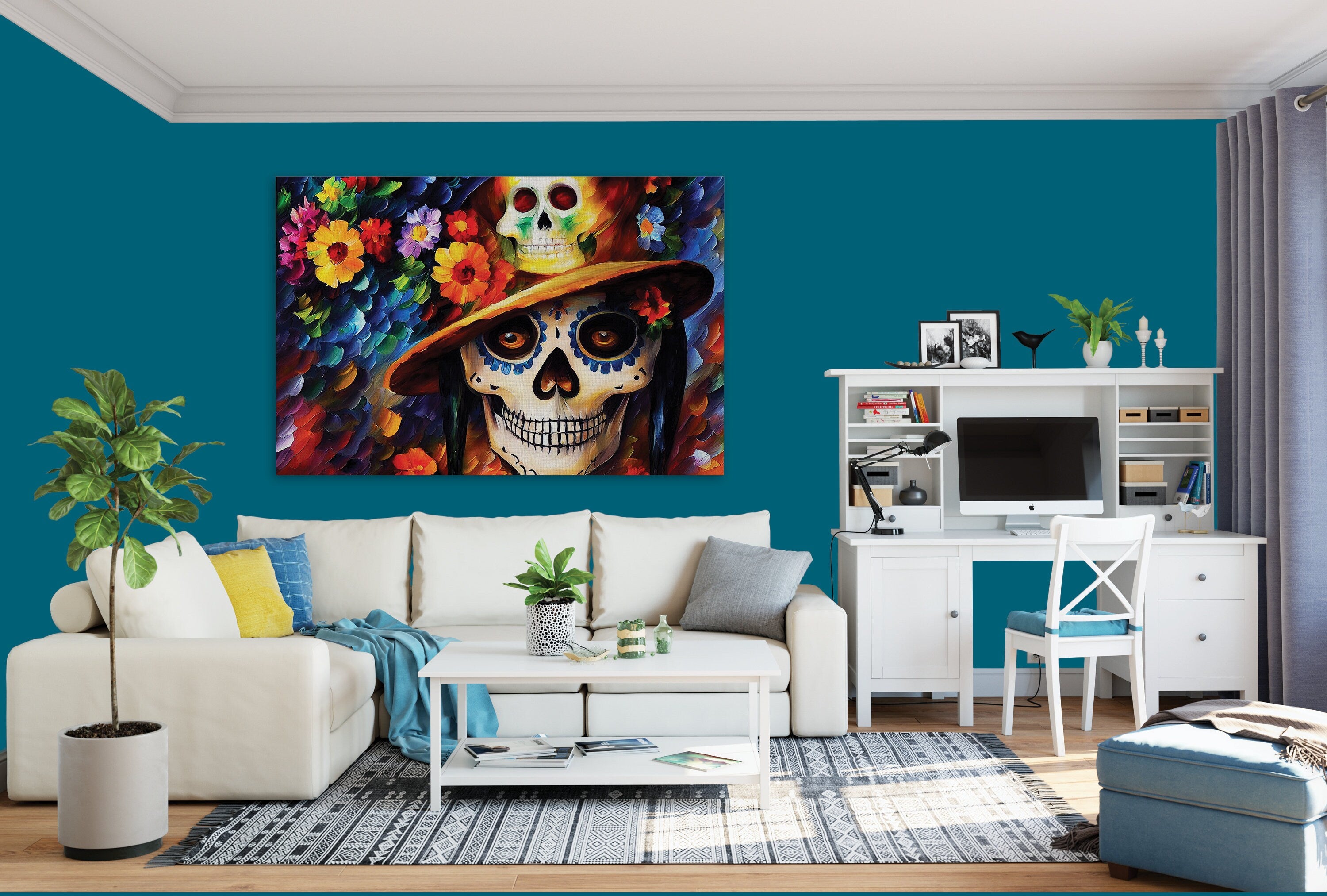 Dia De Los Muertos Canvas – Colorful Sugar Skull Painting on Gallery Ready Frame