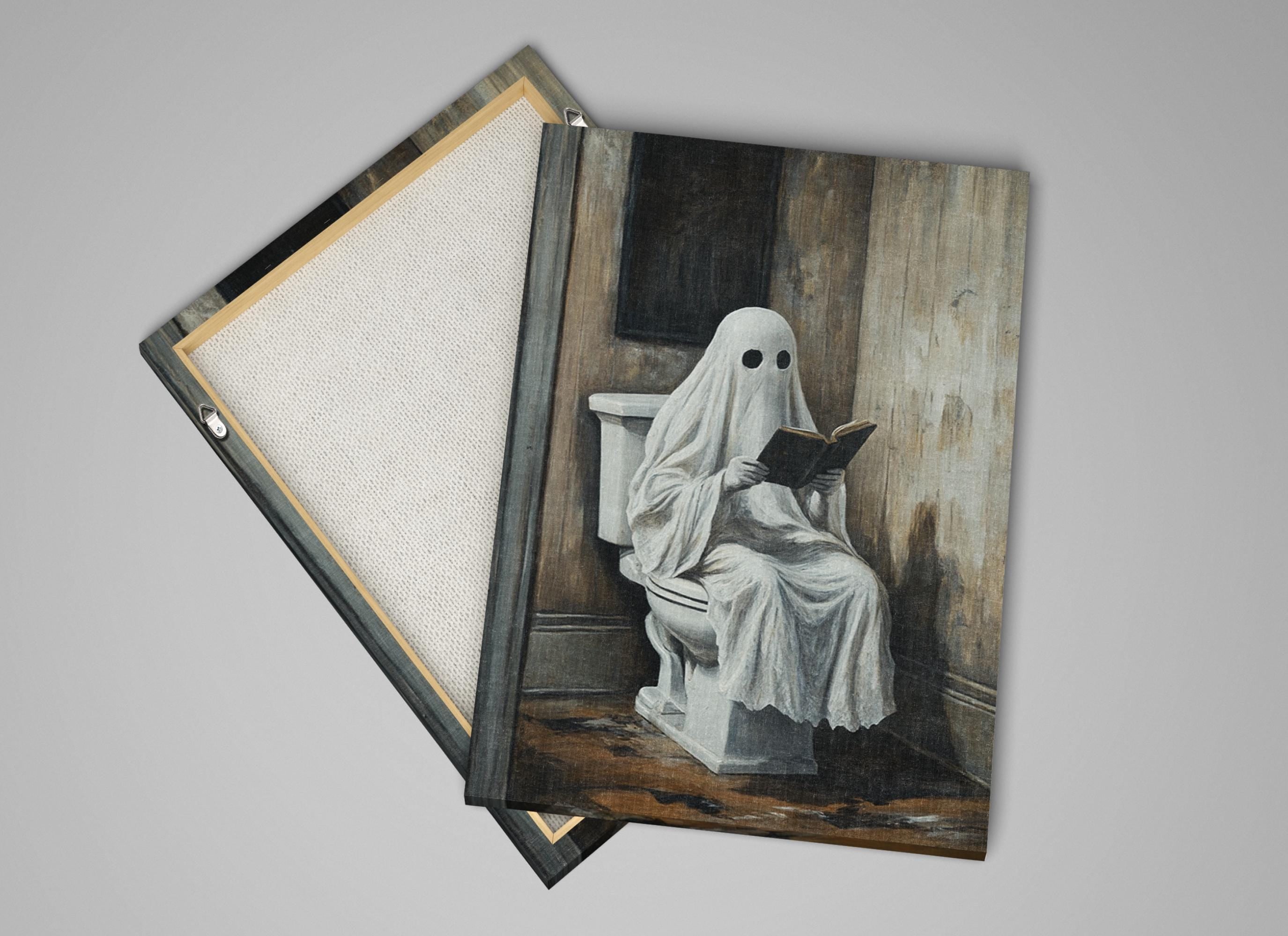 Funny Bathroom Art - Ghost Reading Toilet | Extra Large Wall Art, Gallery Wrapped Print