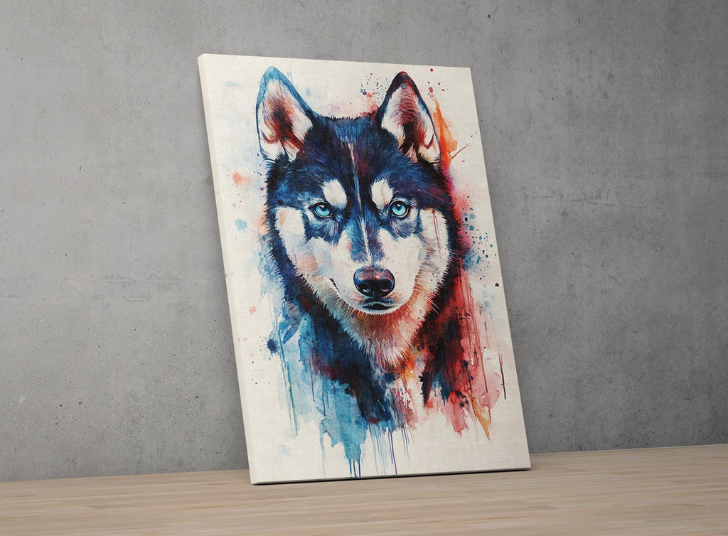 The image is a vibrant and colorful painting of a husky dog, featuring bold splashes of blue, red, and orange paint that create a striking visual effect.