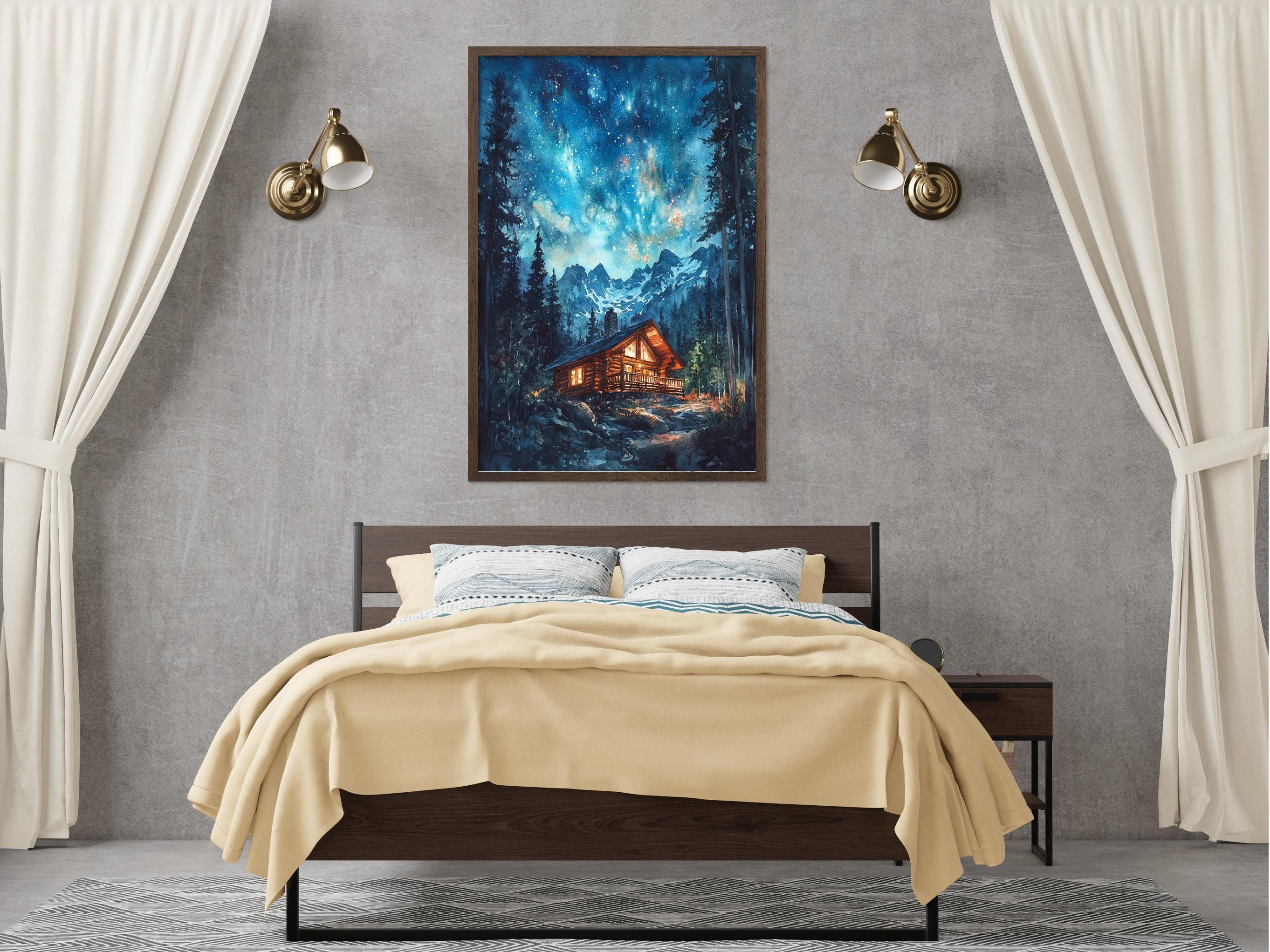 a cozy bedroom scene with a large painting of a cabin in the background, flanked by two wall sconces. The bed is covered in a beige comforter, and the room has a neutral color scheme with gray walls and white curtains.