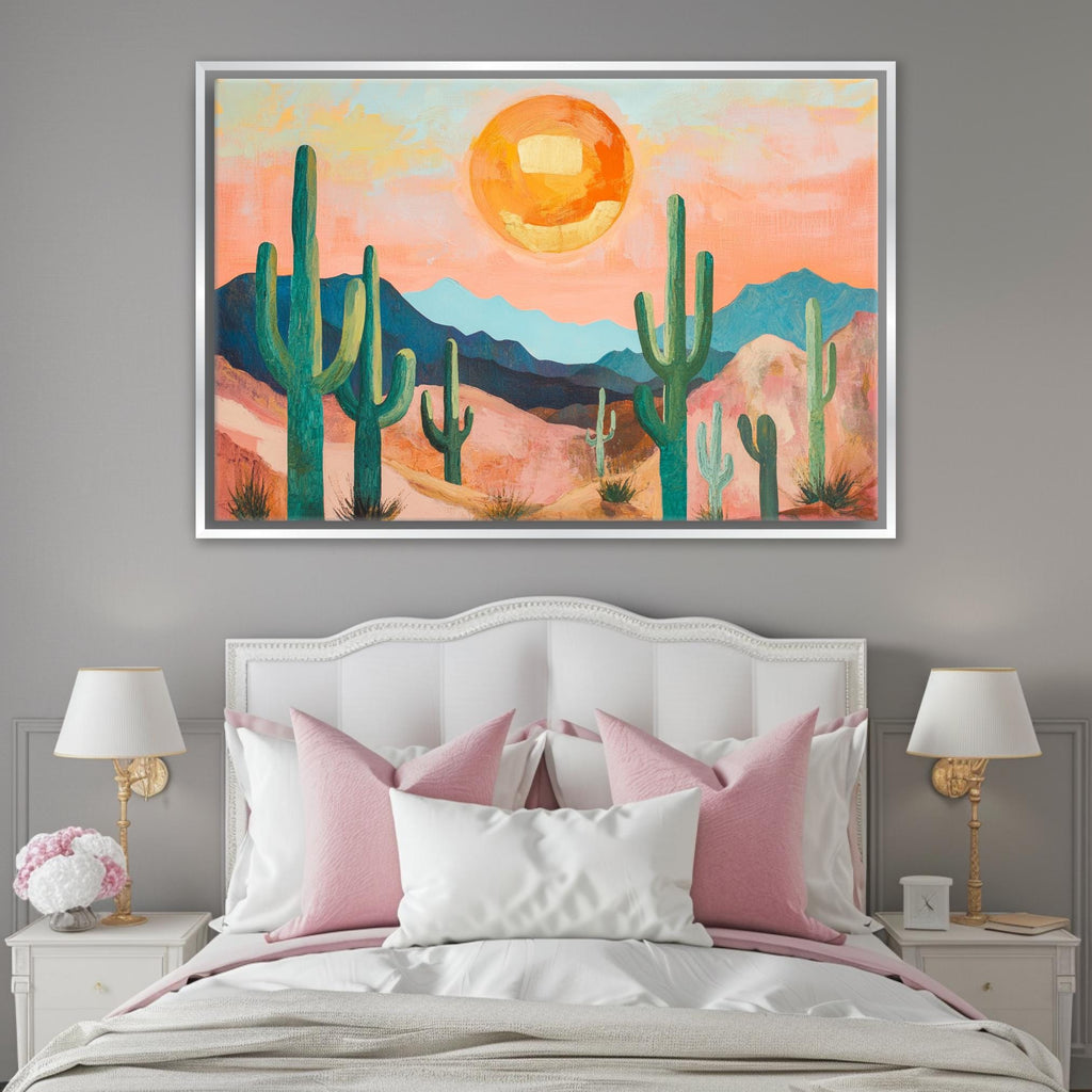 a bedroom with a large painting on the wall above the bed