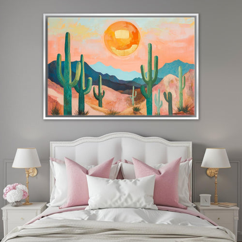 a bedroom with a large painting on the wall above the bed