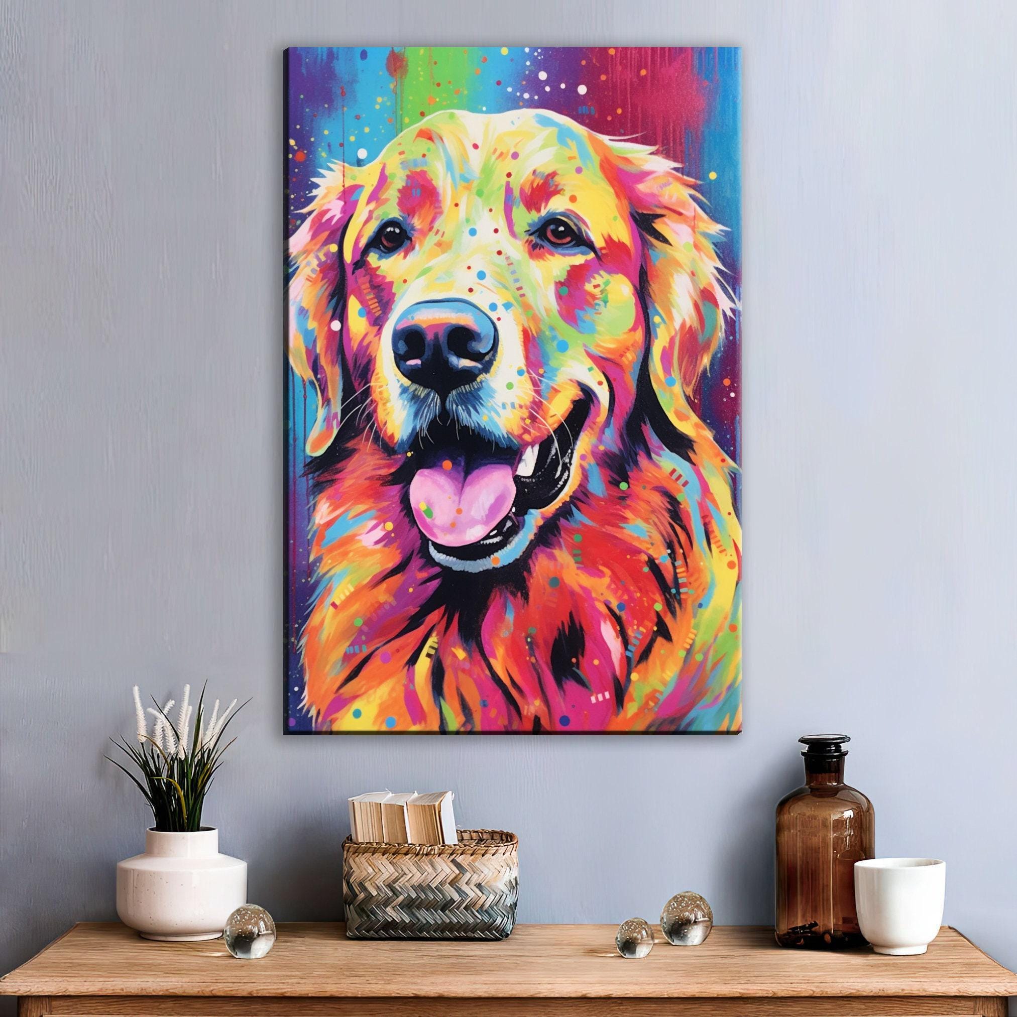 Golden Retriever Canvas - Large Colorful Dog Wall Art Print With Wood Frame
