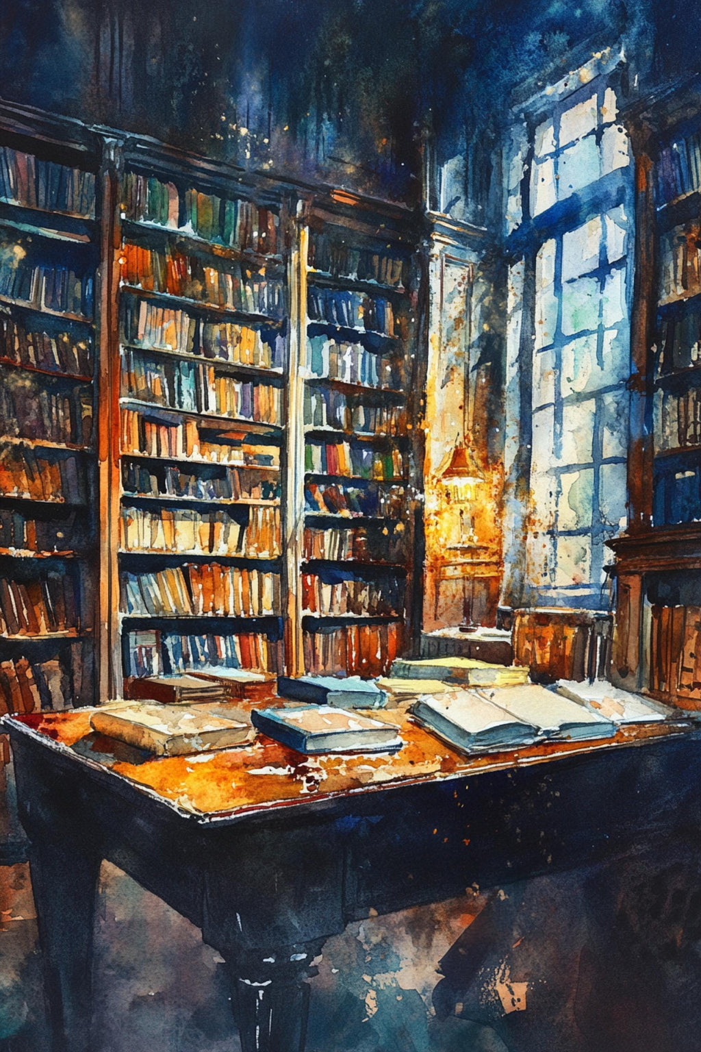 a serene and cozy library scene, with a large bookshelf filled with books and a table in the center of the room. The room is illuminated by natural light coming through a window, creating a warm and inviting atmosphere.