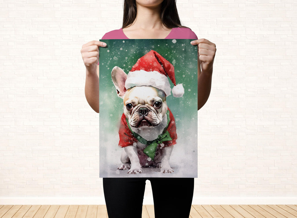 Festive French Bulldog in Santa Hat Watercolor Art, Giclee Print on Canvas, Artist Paper, Watercolor Paper, Available in Extra Large Sizes
