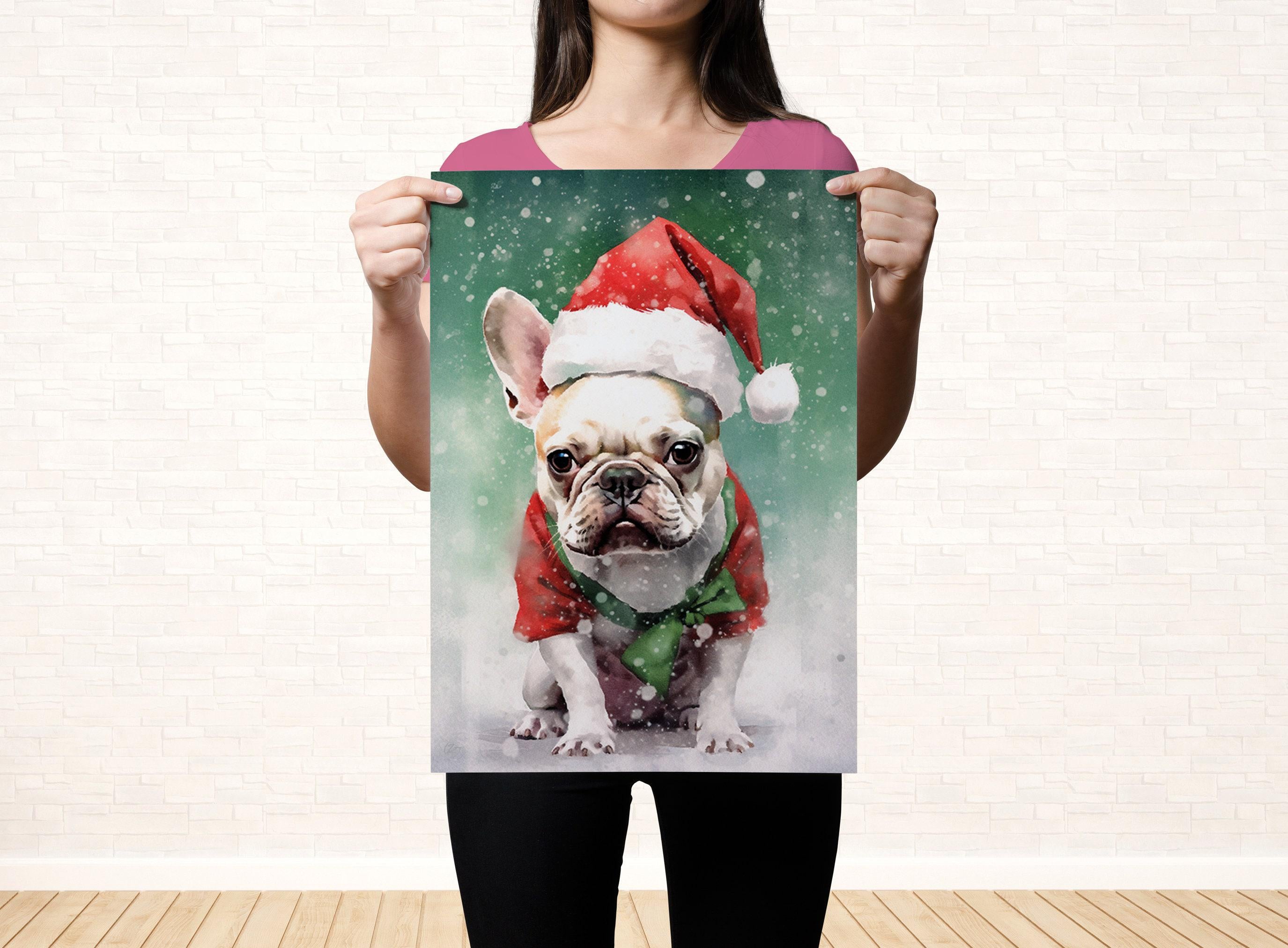 Festive French Bulldog in Santa Hat Watercolor Art, Giclee Print on Canvas, Artist Paper, Watercolor Paper, Available in Extra Large Sizes
