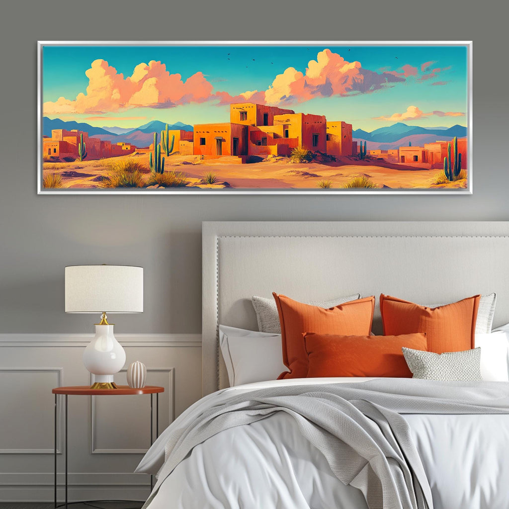 a bedroom with a bed and a painting on the wall