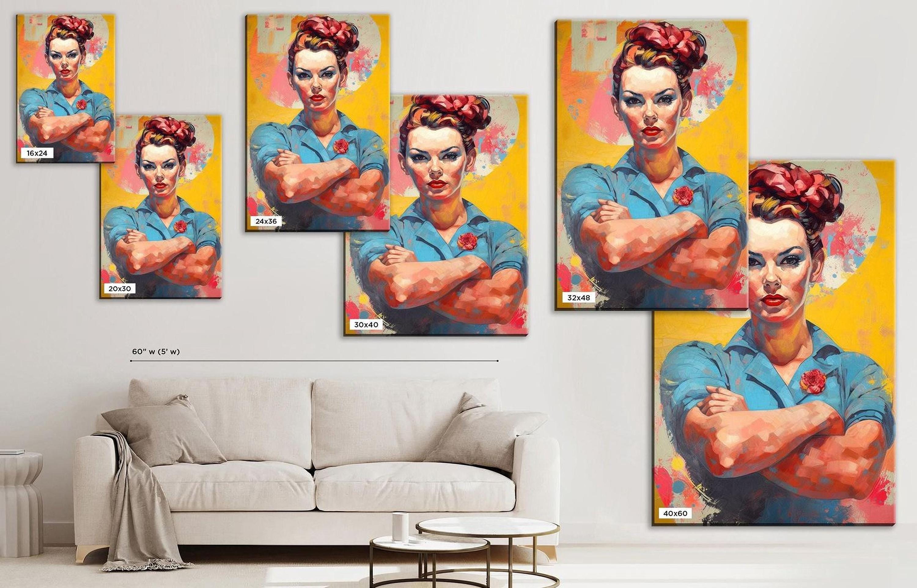 The image is a collage of multiple paintings depicting a woman with crossed arms, wearing a blue shirt and a red flower in her hair. The paintings are arranged on a wall, and there is a white couch in the foreground.