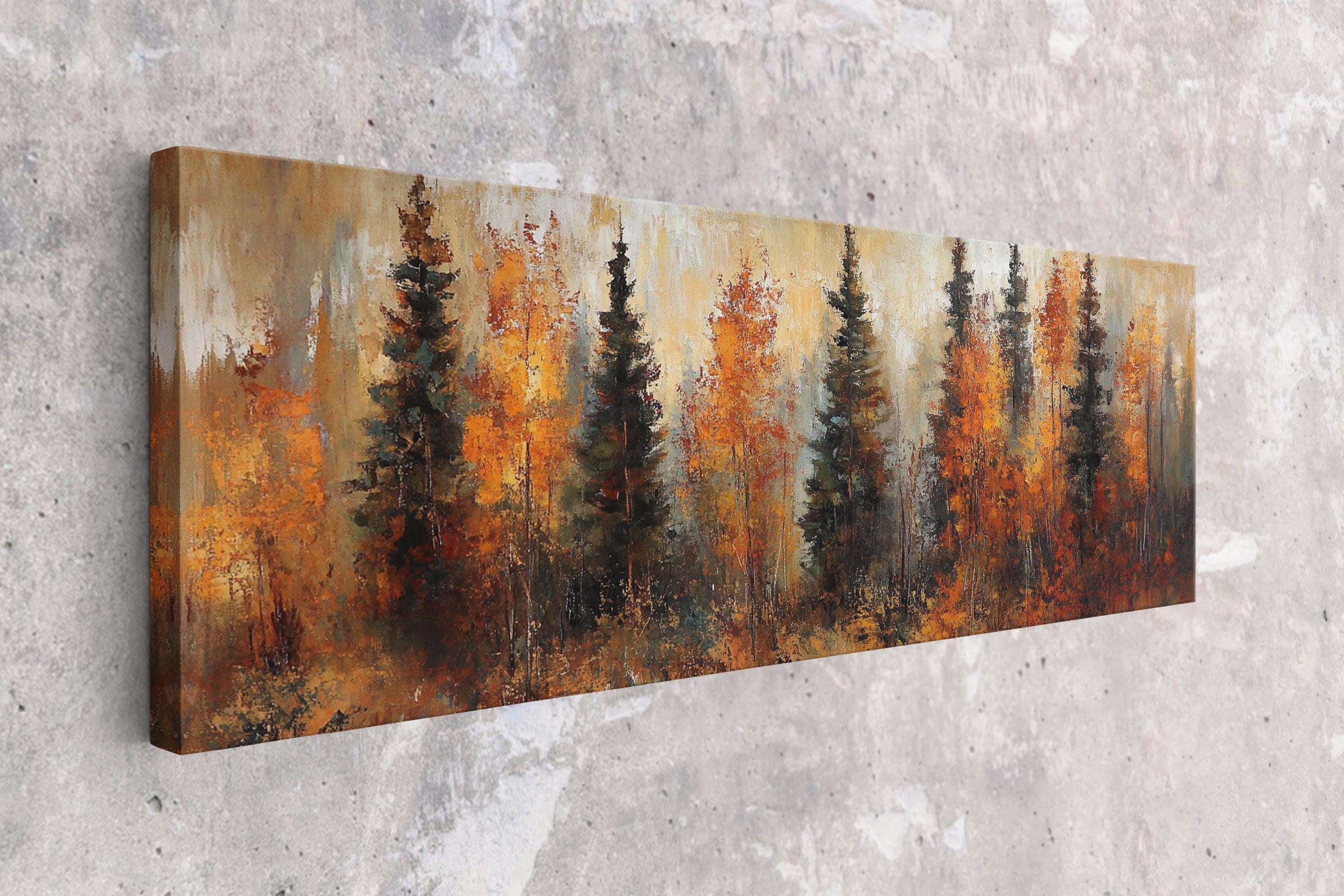 The image is a painting of a forest with tall trees displaying autumn colors, including orange, yellow, and green.