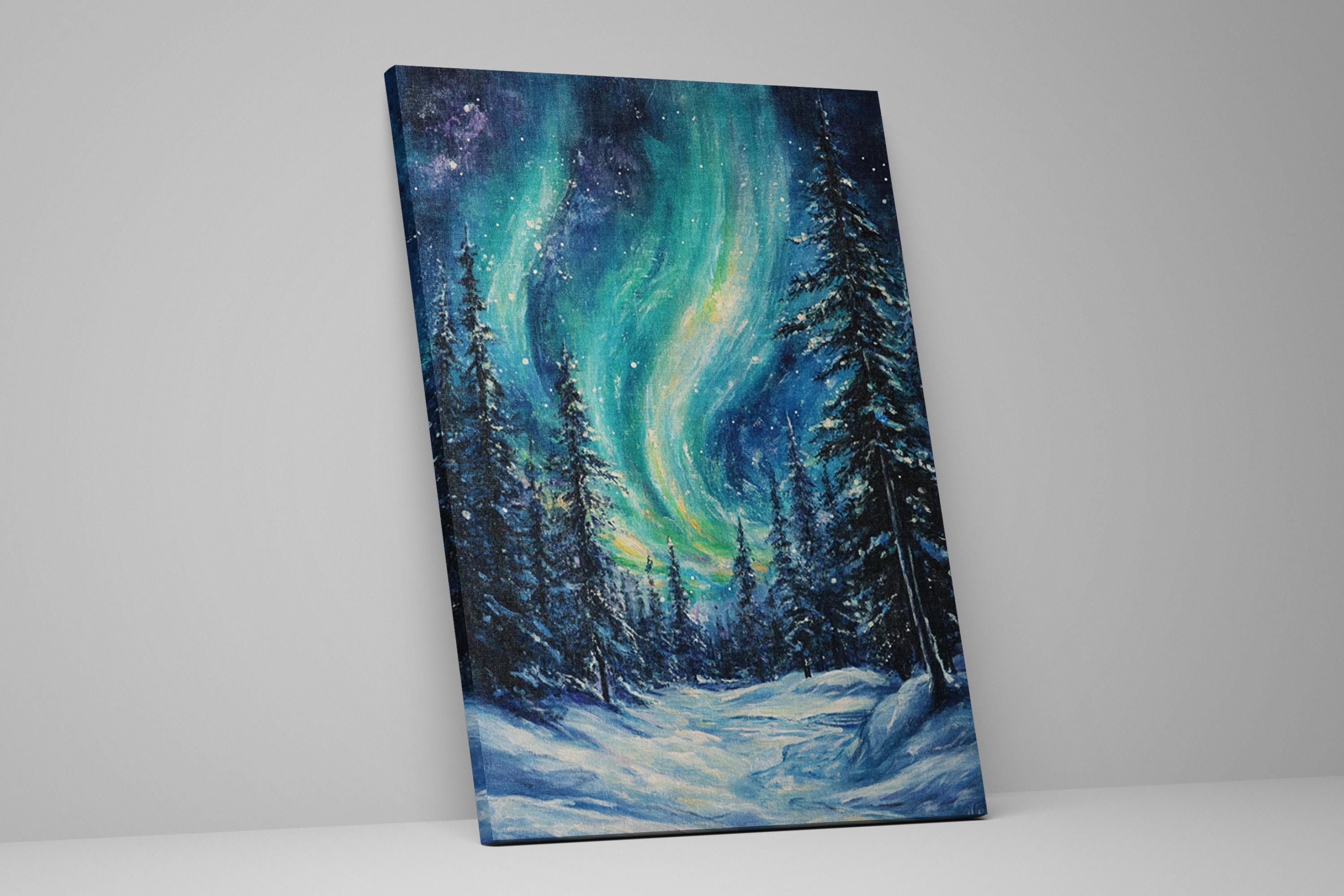 a painting of a night sky with a green aurora bore
