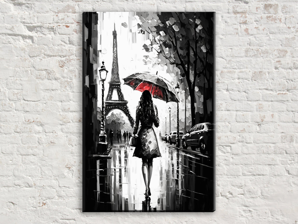 Parisian Canvas Art – Black and White Art with Red Umbrella | Large Gallery Ready Canvas Print