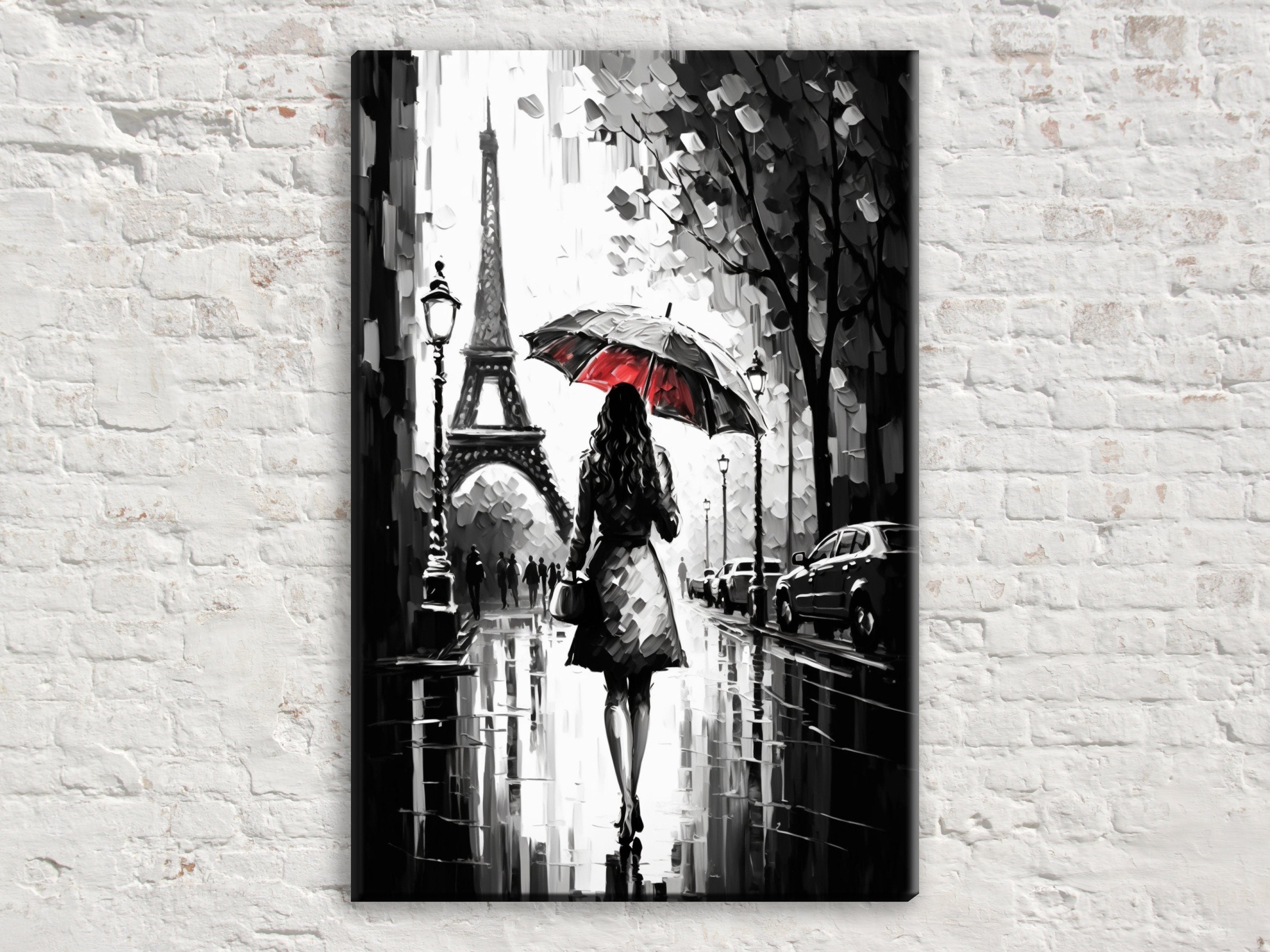 Parisian Canvas Art – Black and White Art with Red Umbrella | Large Gallery Ready Canvas Print
