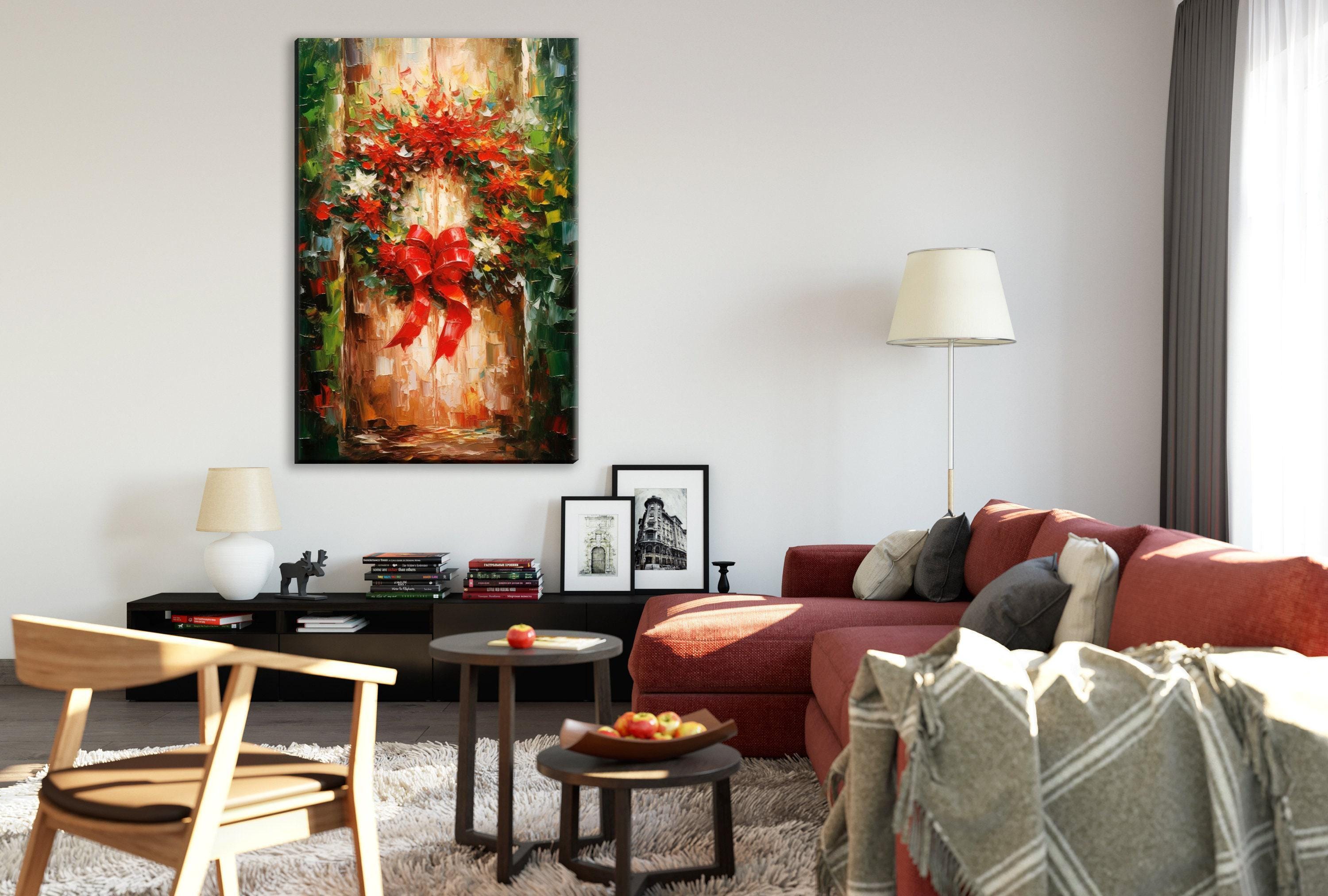Christmas Wreath Art – Rustic Traditional Holiday Wall Decor on Gallery Wrapped Canvas