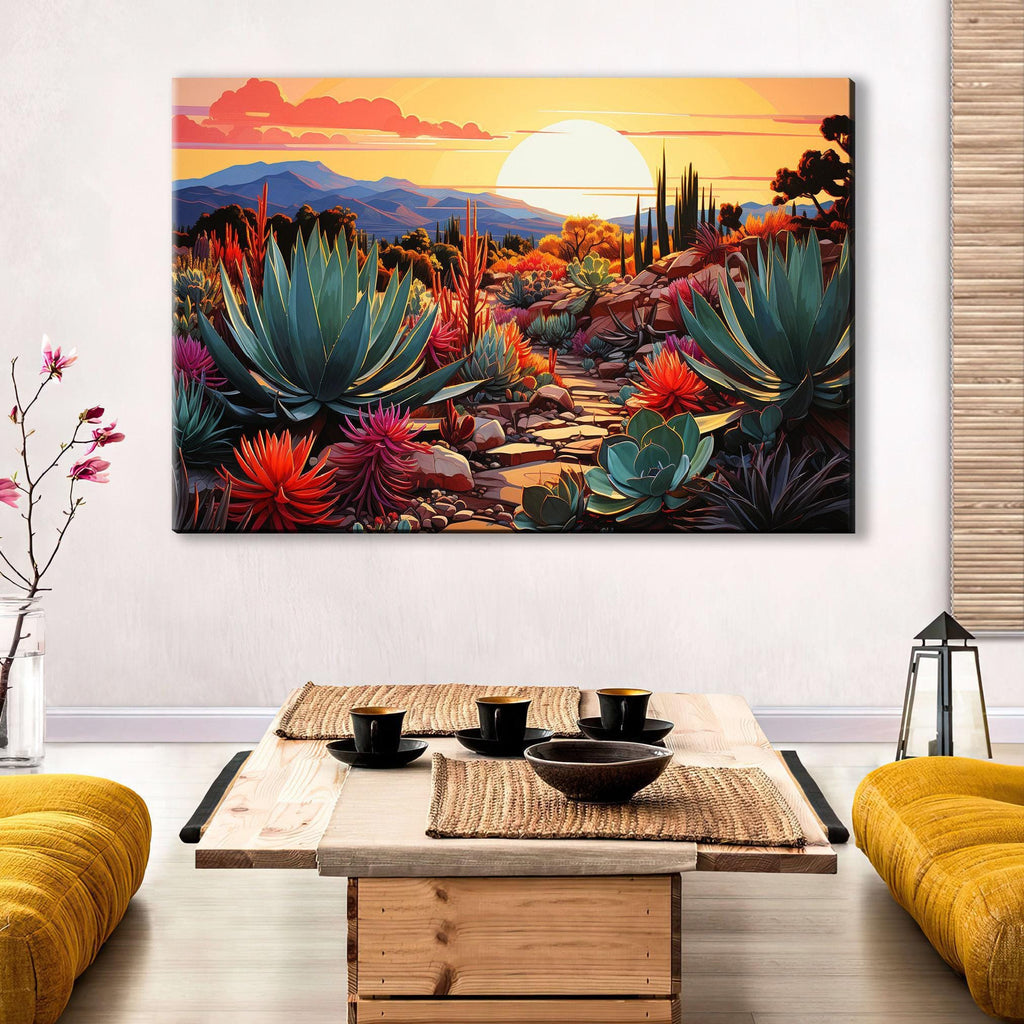 a large, colorful painting of a desert landscape with a sunset in the background, hanging on a wall above a wooden coffee table with a bowl and cups on it.