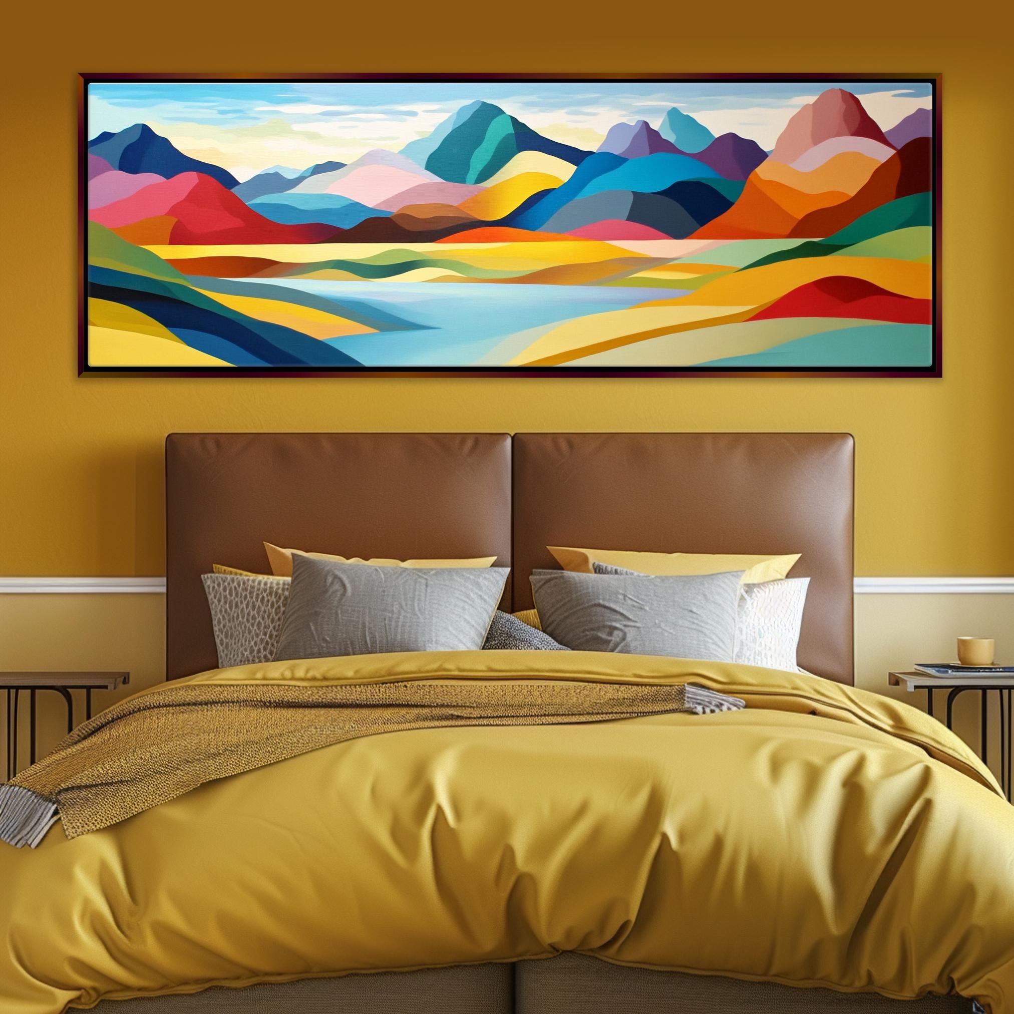 a large painting hangs above a bed in a bedroom