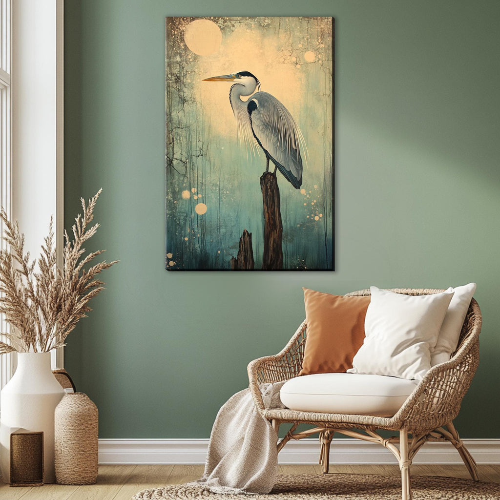 a painting of a bird sitting on top of a wooden post