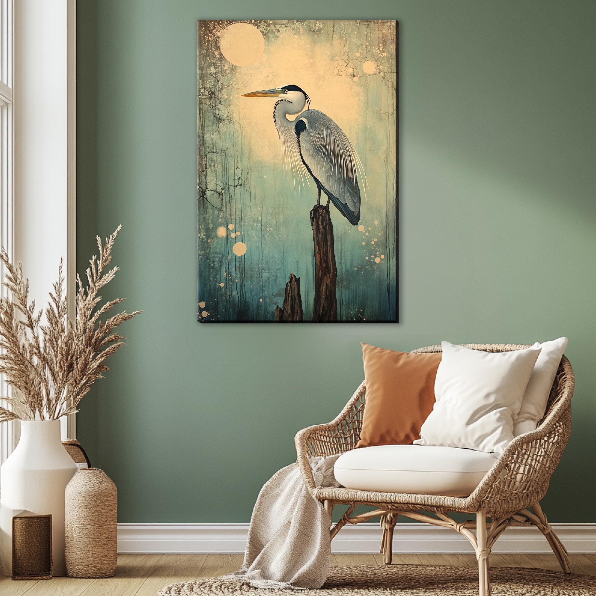 a painting of a bird sitting on top of a wooden post