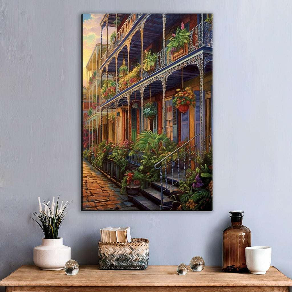 New Orleans Canvas Art – French Quarter Painting on Large Framed Canvas with Wood Frame