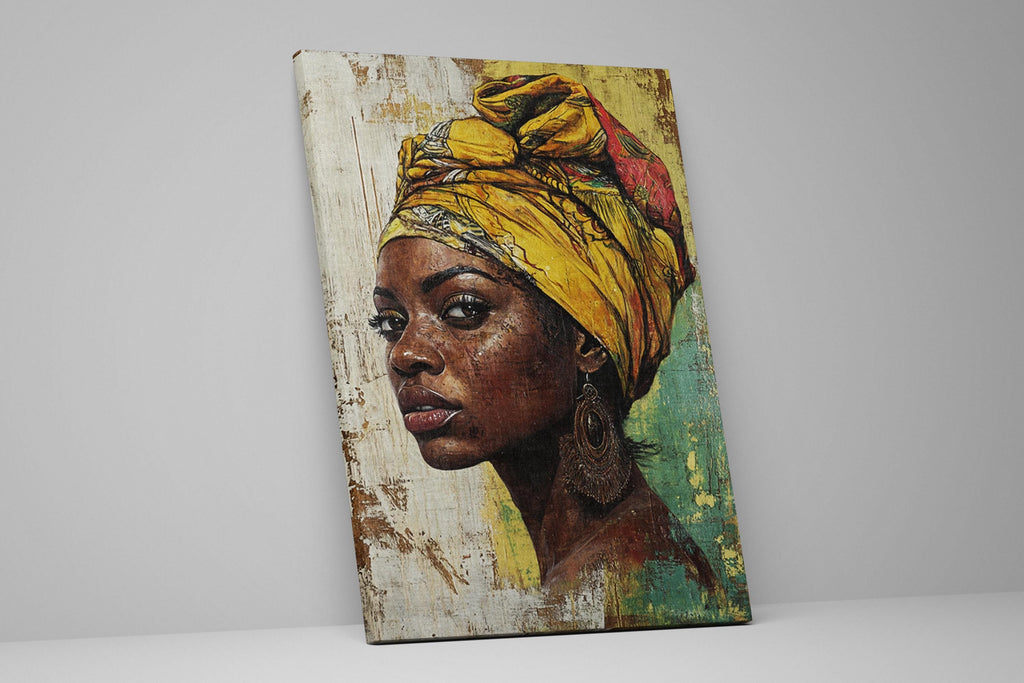 a painting of a woman with a yellow turban