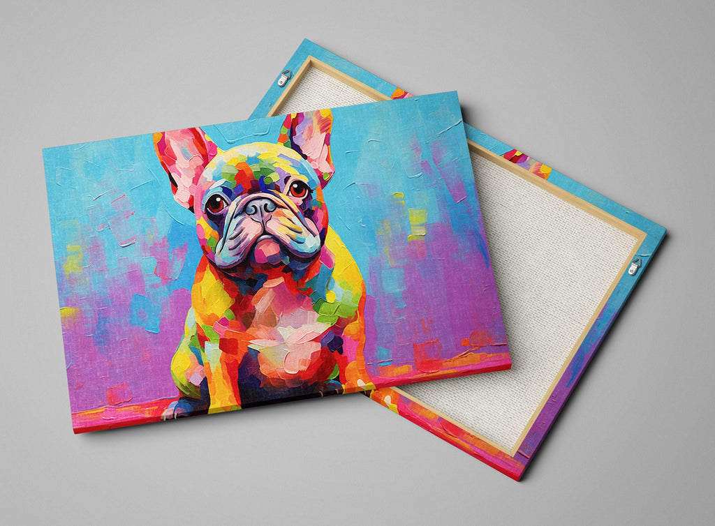 a vibrant, colorful painting of a French Bulldog.
