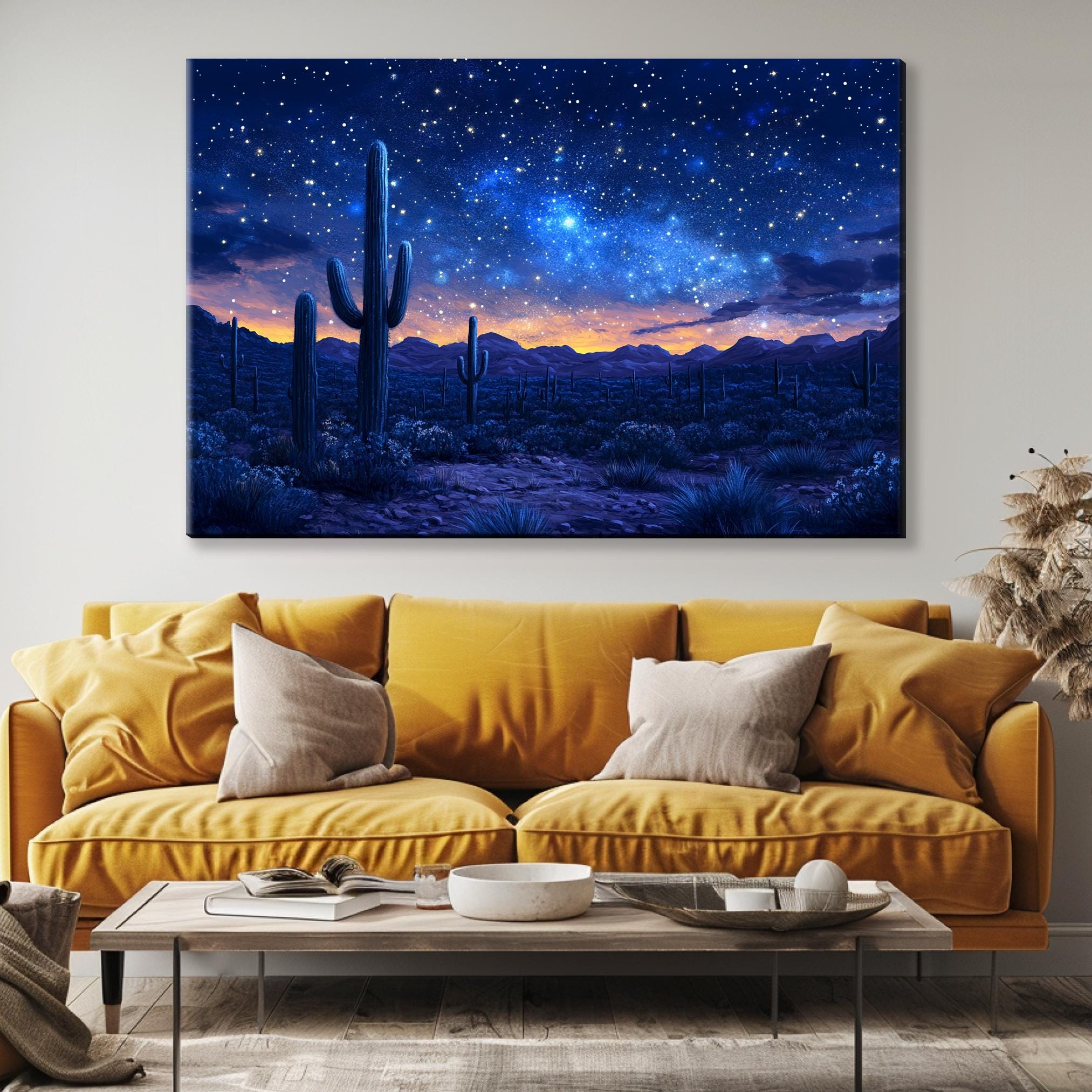 a living room with a couch and a painting on the wall