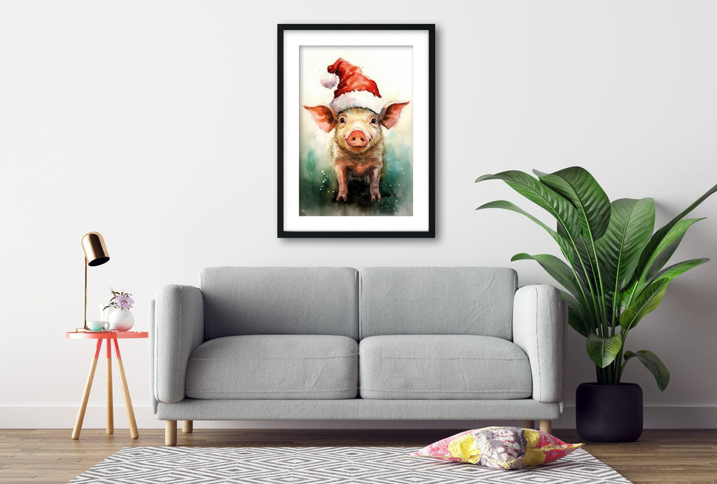 Festive Pig in Santa Hat Watercolor -  Christmas Art, Giclee Print on Canvas, Artist Paper, Watercolor Paper, Available in Extra Large Sizes