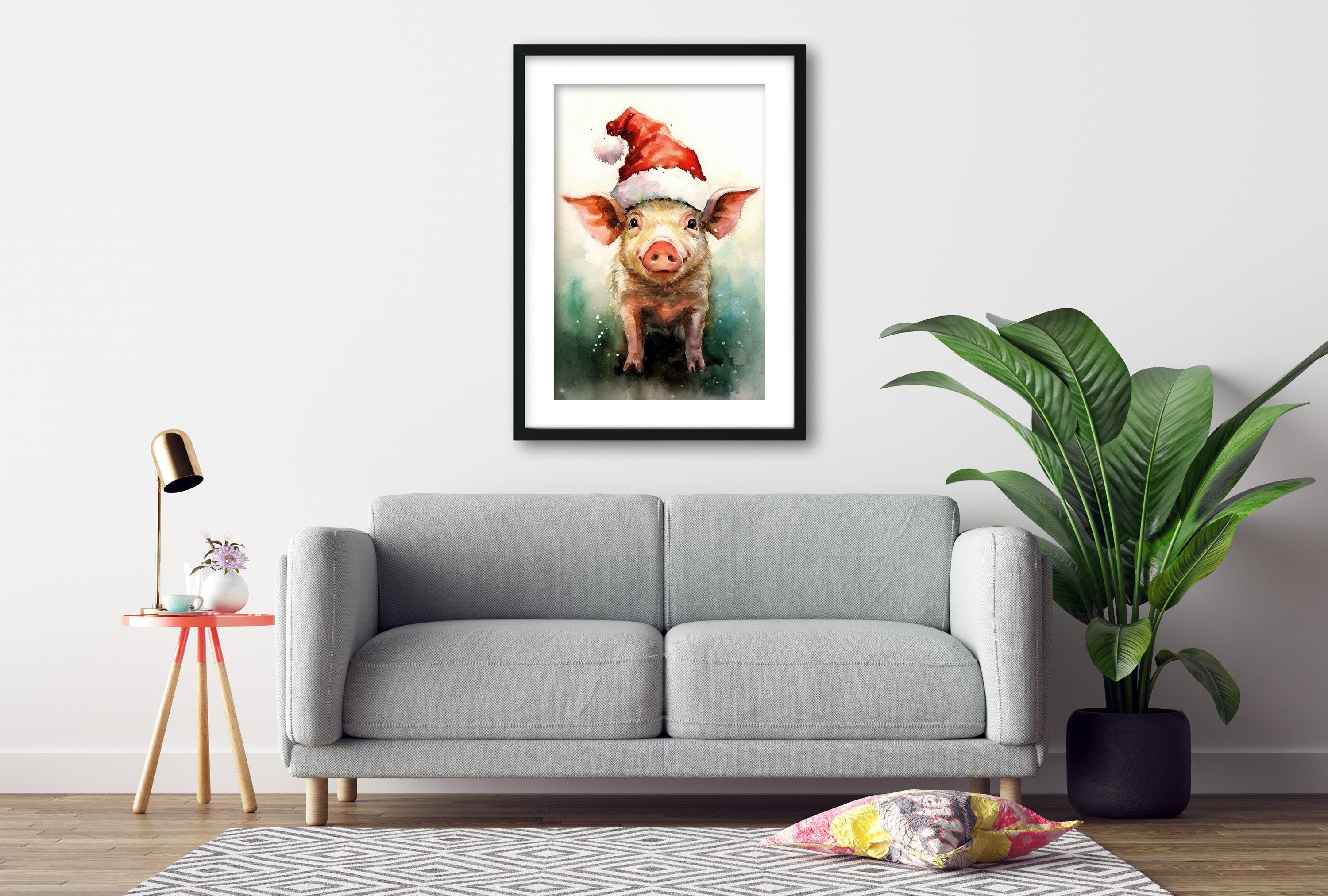 Festive Pig in Santa Hat Watercolor -  Christmas Art, Giclee Print on Canvas, Artist Paper, Watercolor Paper, Available in Extra Large Sizes