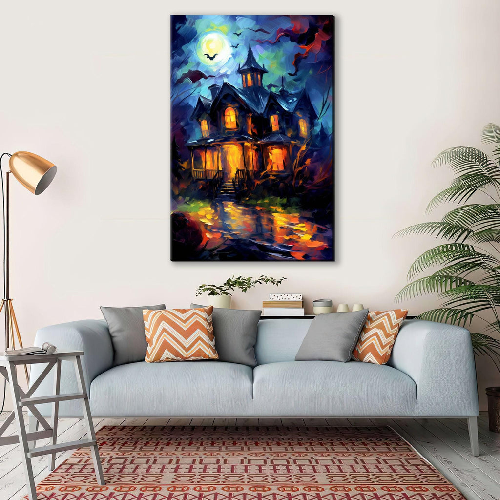 Halloween Haunted House Art – Large Canvas Wall Art | Spooky Home Decor, Gallery Wrapped
