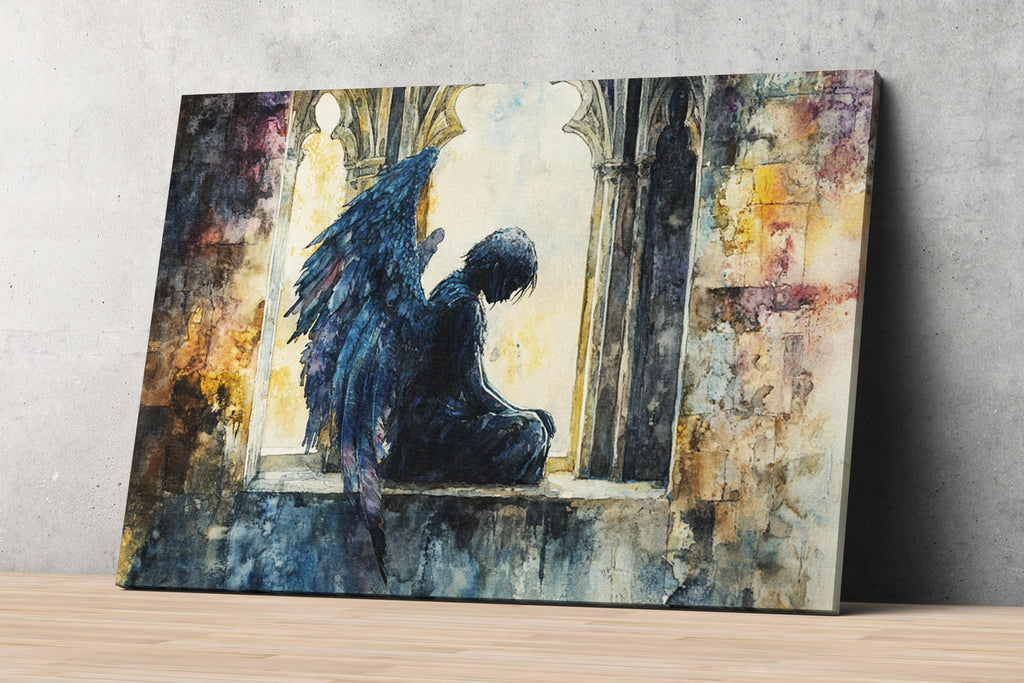 The image is a painting depicting a dark, winged figure sitting in a window frame, with a stone wall and archway in the background.