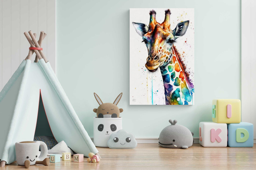 Giraffe Watercolor Art Print, Nursery Animal Canvas Print, Wildlife Framed Kids Wall Art