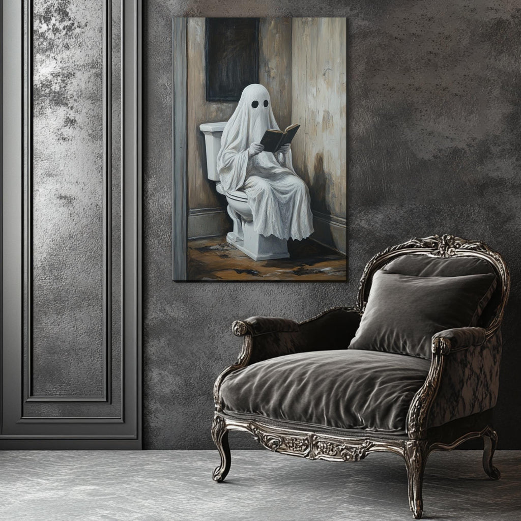 Funny Bathroom Art - Ghost Reading Toilet | Extra Large Wall Art, Gallery Wrapped Print