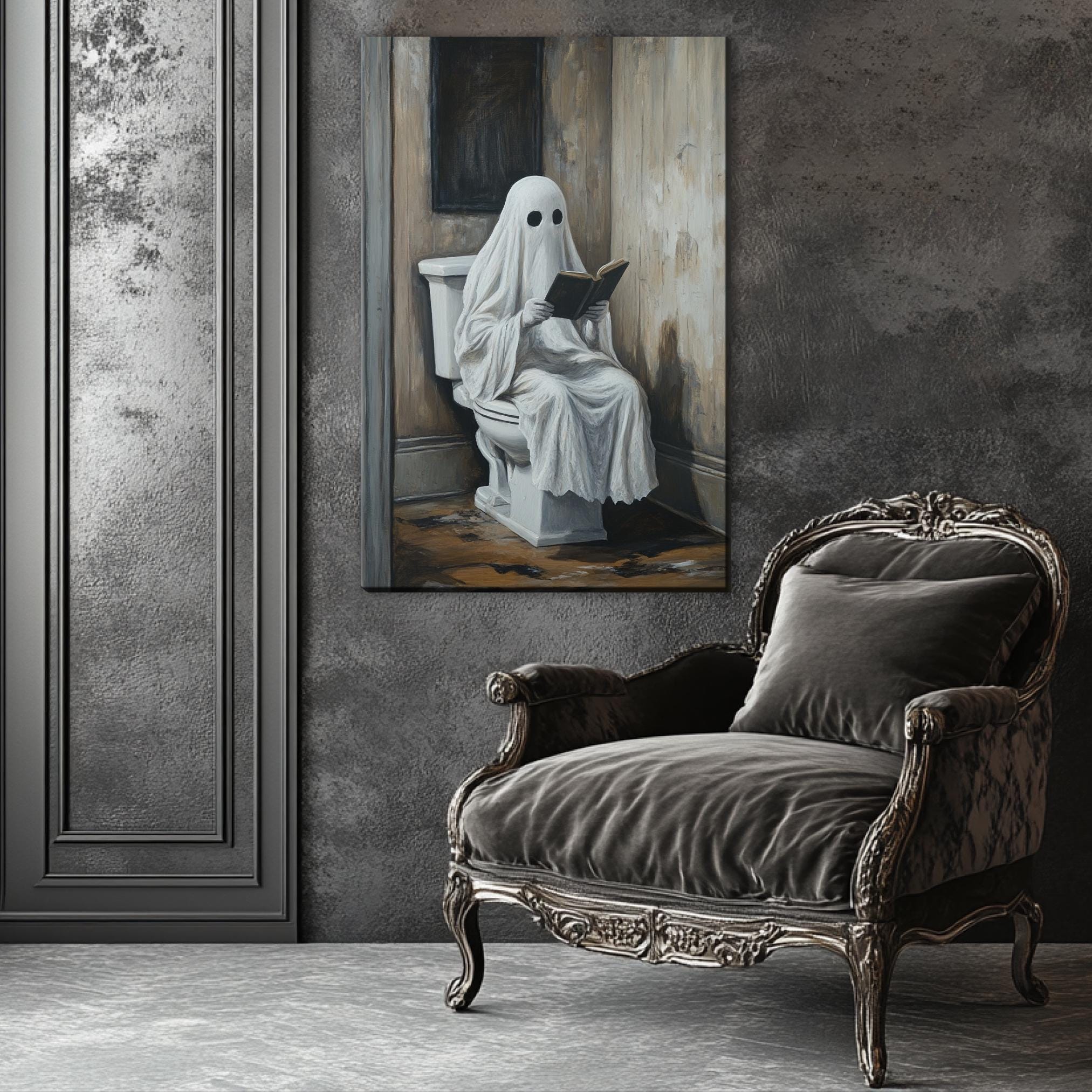 Funny Bathroom Art - Ghost Reading Toilet | Extra Large Wall Art, Gallery Wrapped Print