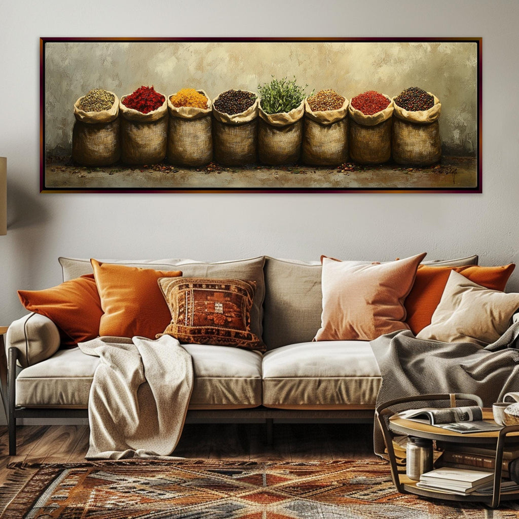 a living room with a couch and a painting on the wall