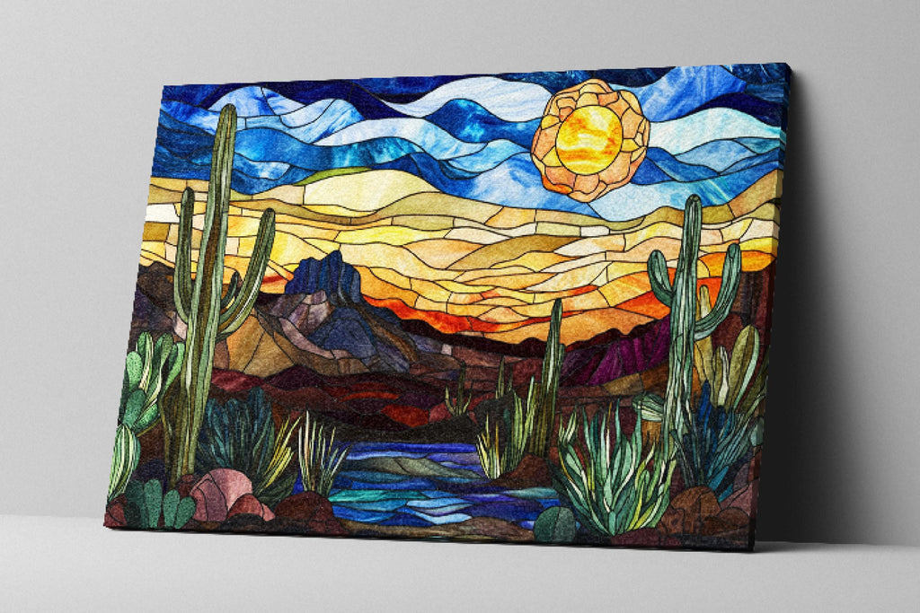 a painting of a desert scene with cactus and mountains