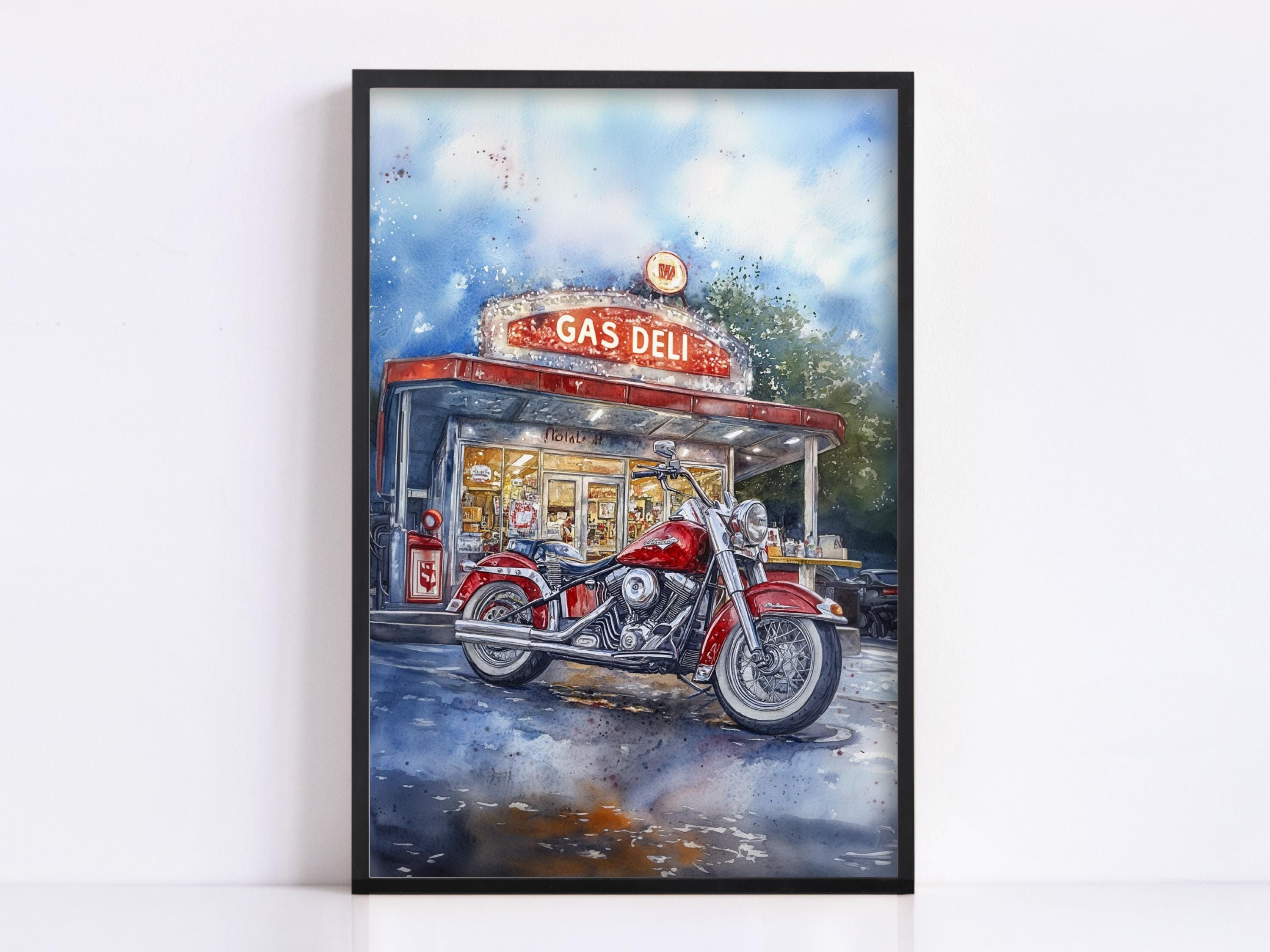 A framed painting depicting a red motorcycle parked in front of a gas station with a "GAS DELI" sign.