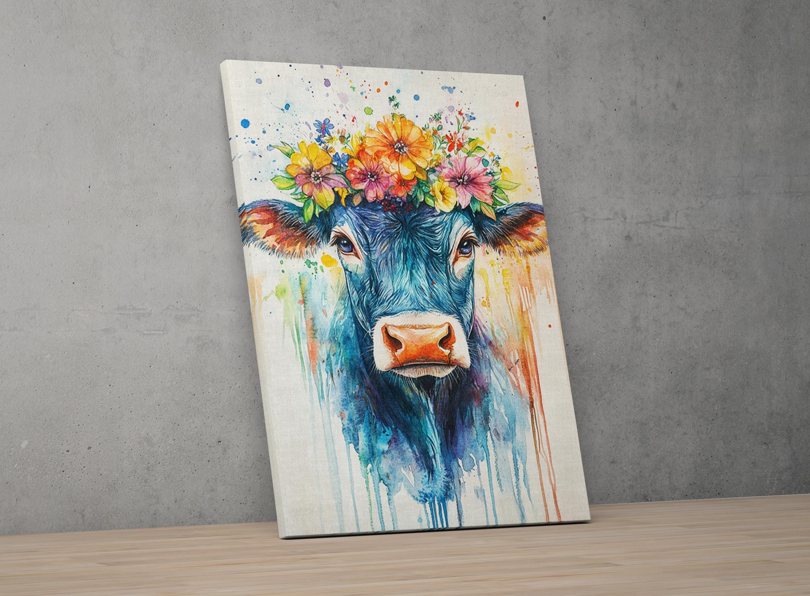 A colorful painting of a cow with a flower crown on its head, set against a gray wall.