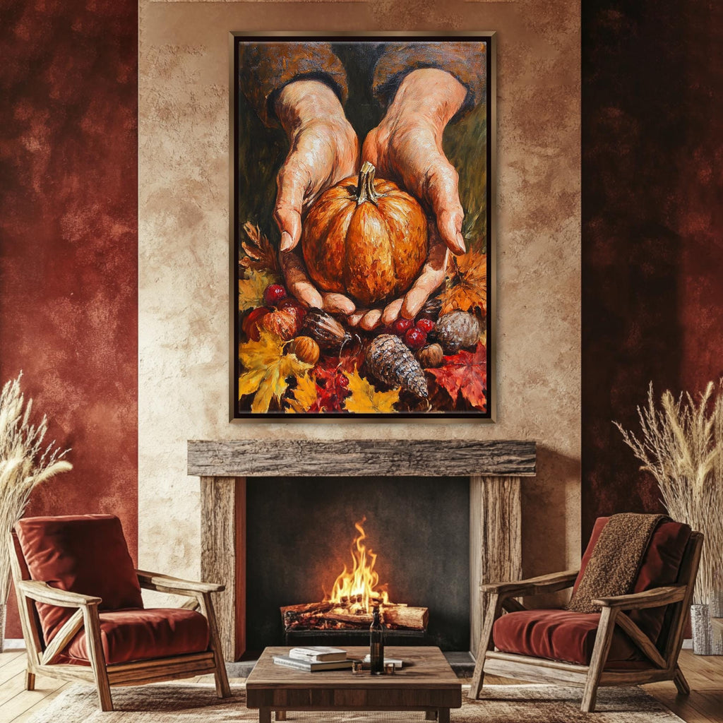 a cozy living room with a fireplace, two red armchairs, and a wooden coffee table. Above the fireplace, a large painting of a pair of hands holding a pumpkin and autumn leaves is displayed on the wall.