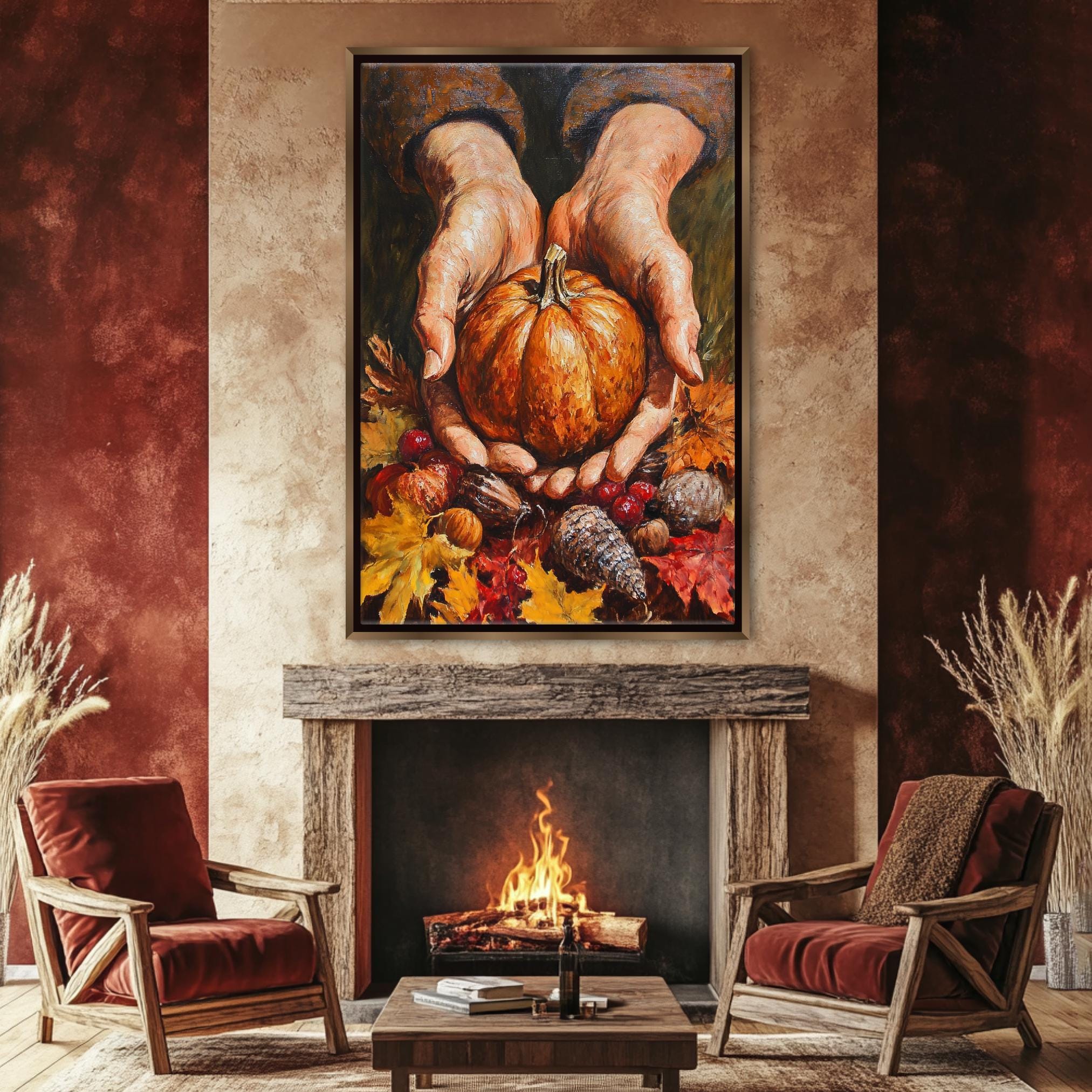 a cozy living room with a fireplace, two red armchairs, and a wooden coffee table. Above the fireplace, a large painting of a pair of hands holding a pumpkin and autumn leaves is displayed on the wall.