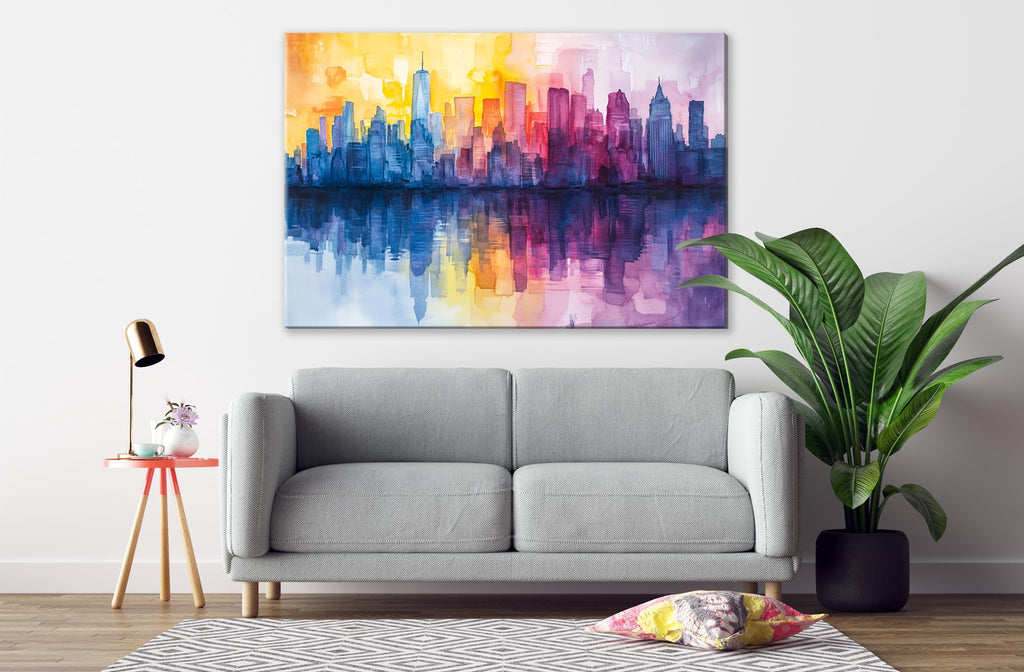 a modern living room with a gray sofa, a potted plant, and a large painting of a colorful city skyline on the wall.