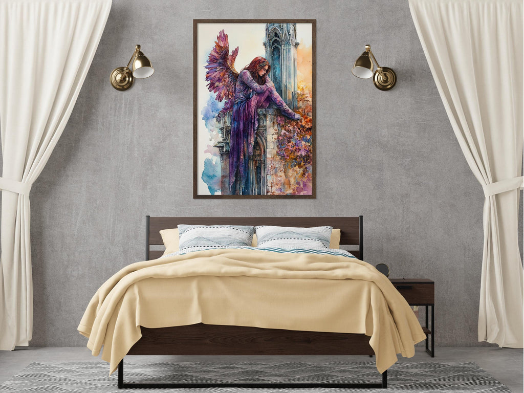a bedroom with a large bed, a nightstand, and a painting of a winged figure hanging on the wall above the bed.