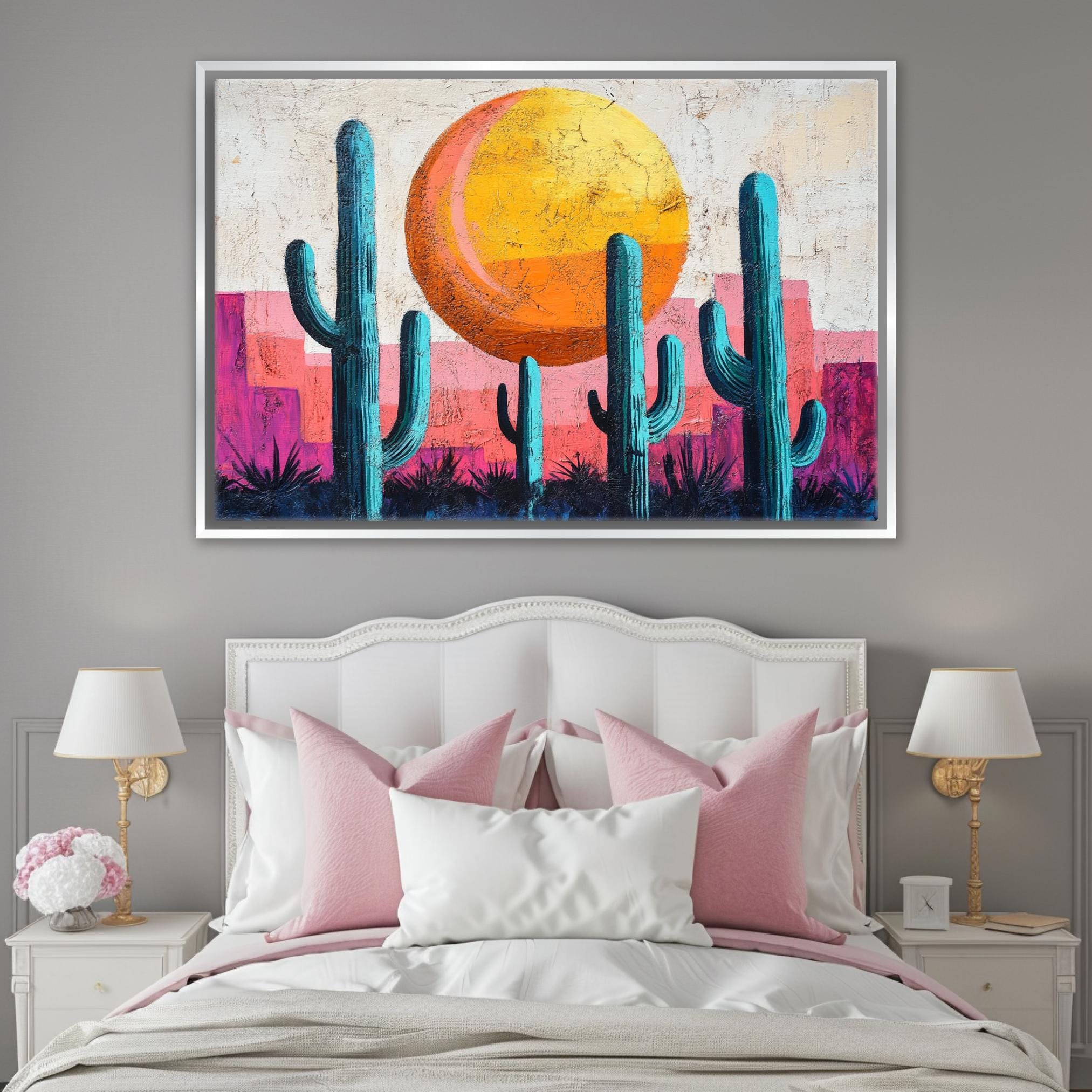 a bed with a white headboard and a painting on the wall above it