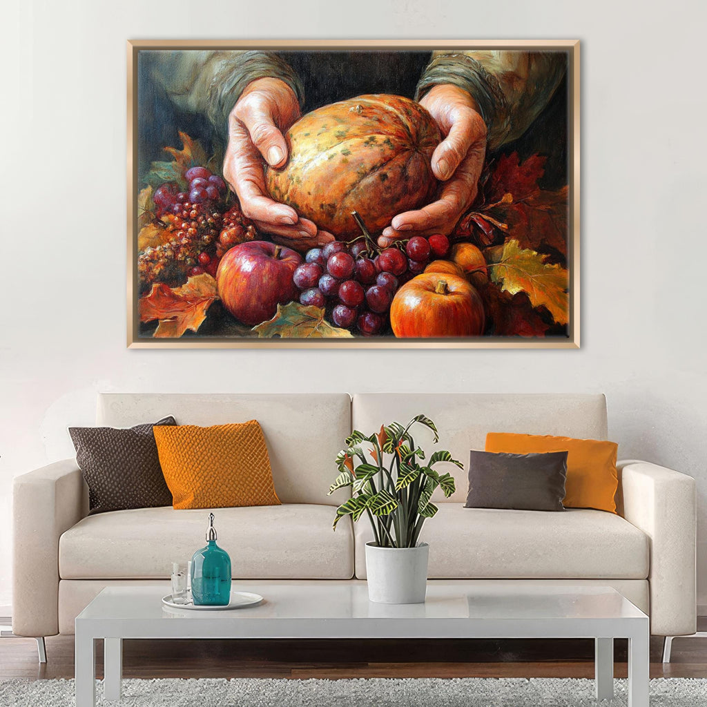 A cozy living room with a white sofa adorned with colorful throw pillows, a coffee table with a blue vase and a plant, and a framed painting of a pumpkin and autumn leaves hanging on the wall above the sofa.