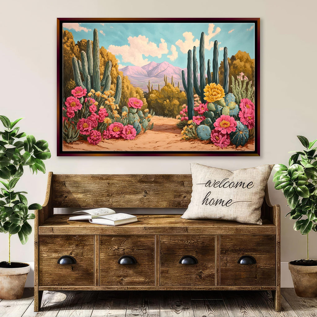 a painting of a desert scene with flowers and cacti