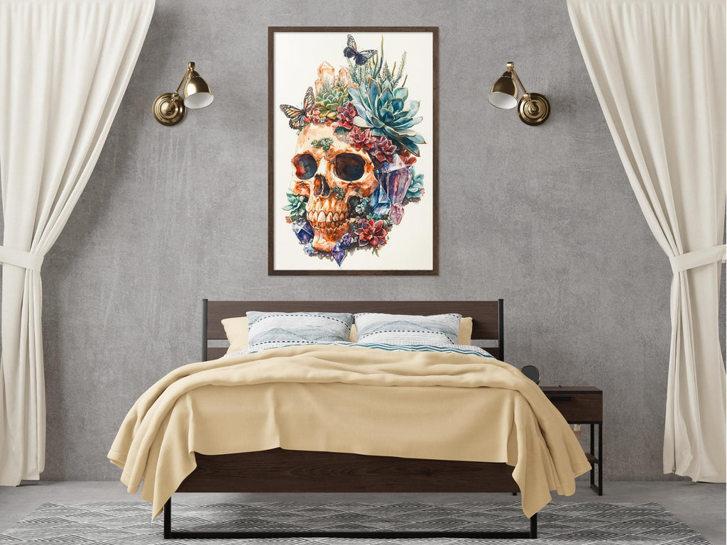 a bedroom with a large framed artwork of a colorful skull on the wall above a bed with a yellow blanket.
