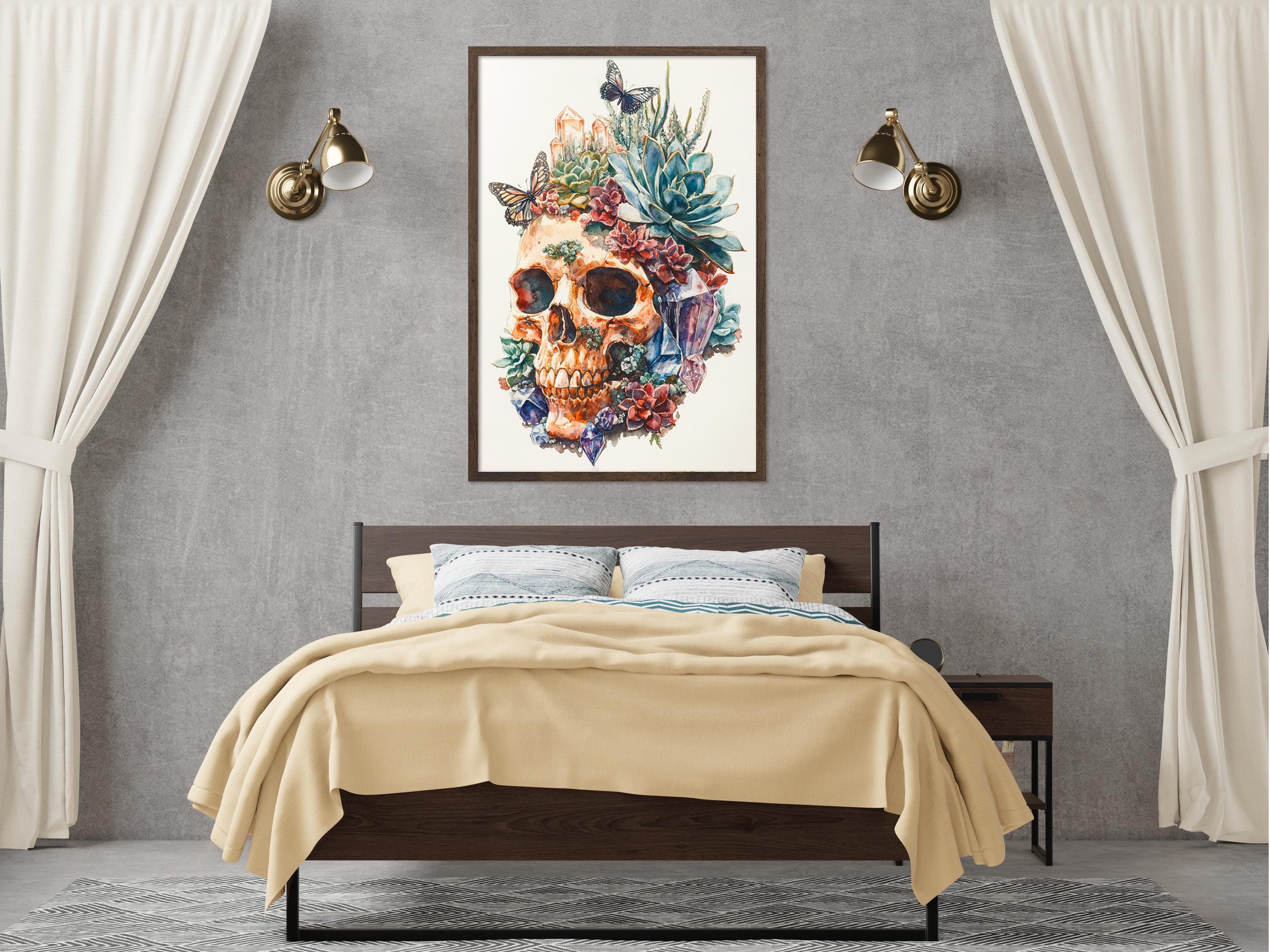 a bedroom with a large framed artwork of a colorful skull on the wall above a bed with a yellow blanket.