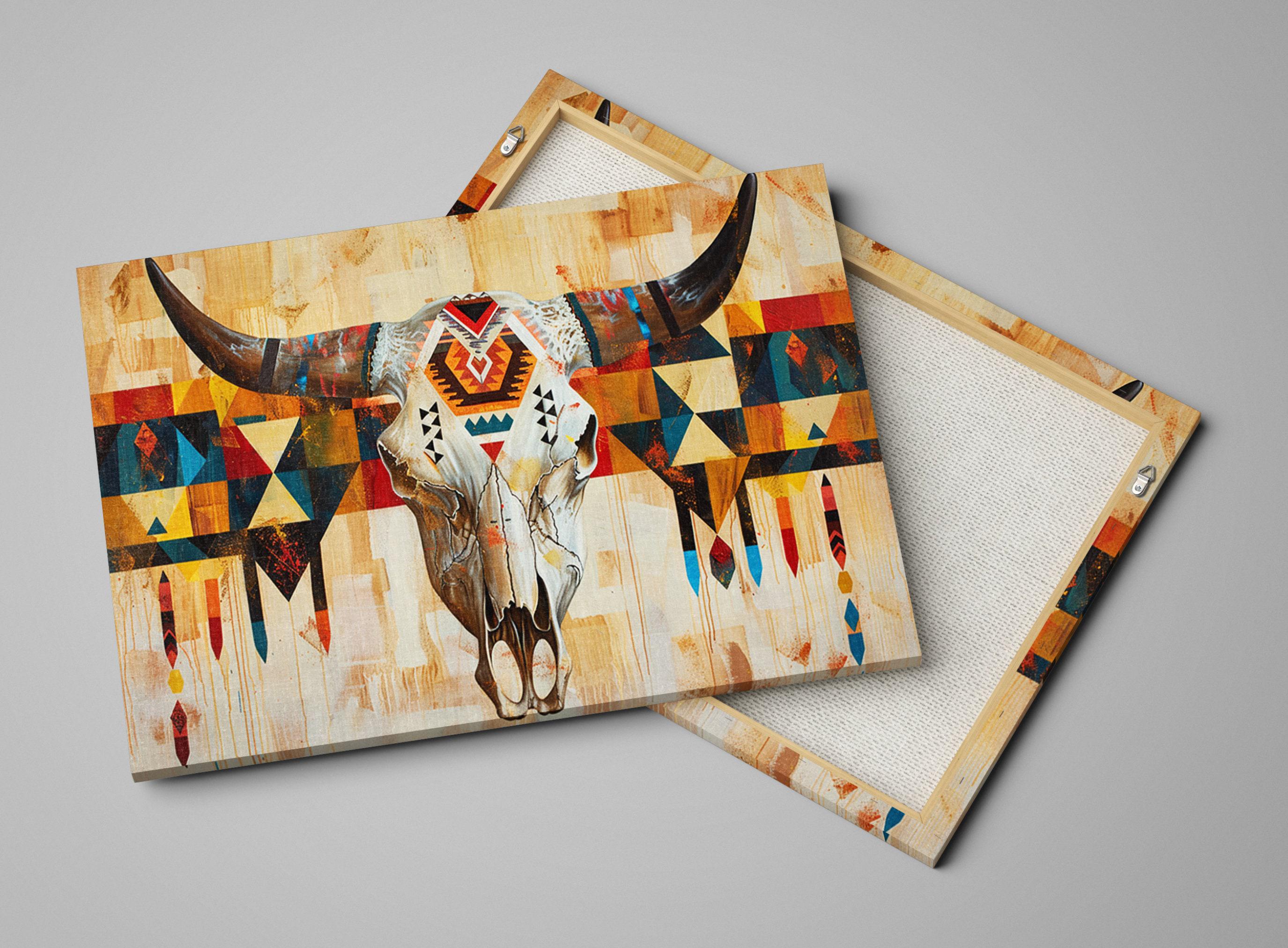 Tribal Cow Skull Art - Native Longhorn Canvas | Large Gallery Wrapped Wall Decor