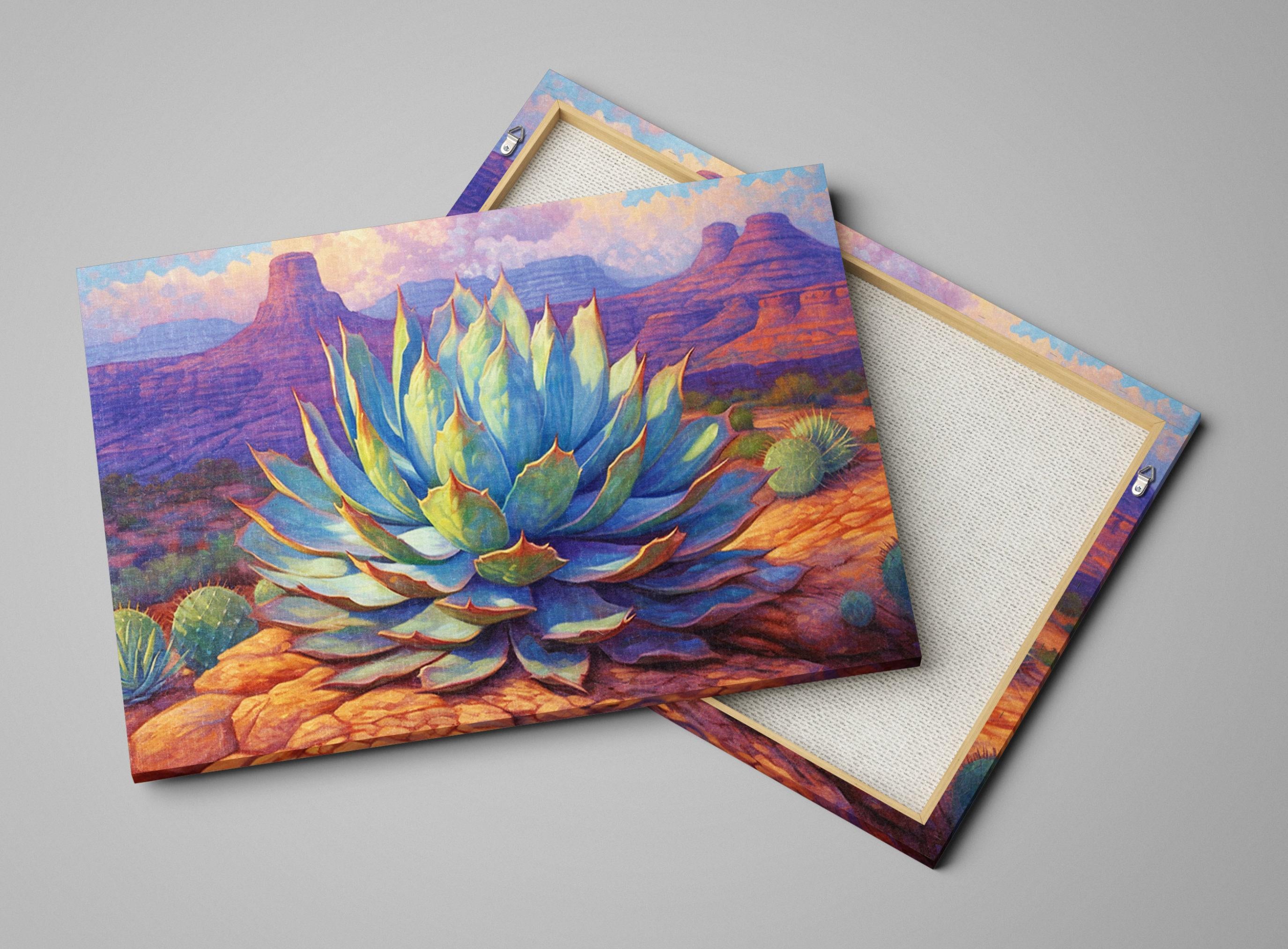 Blue Agave Canvas Art – Desert Pastel Painting on Gallery Wrapped Canvas, Extra Large