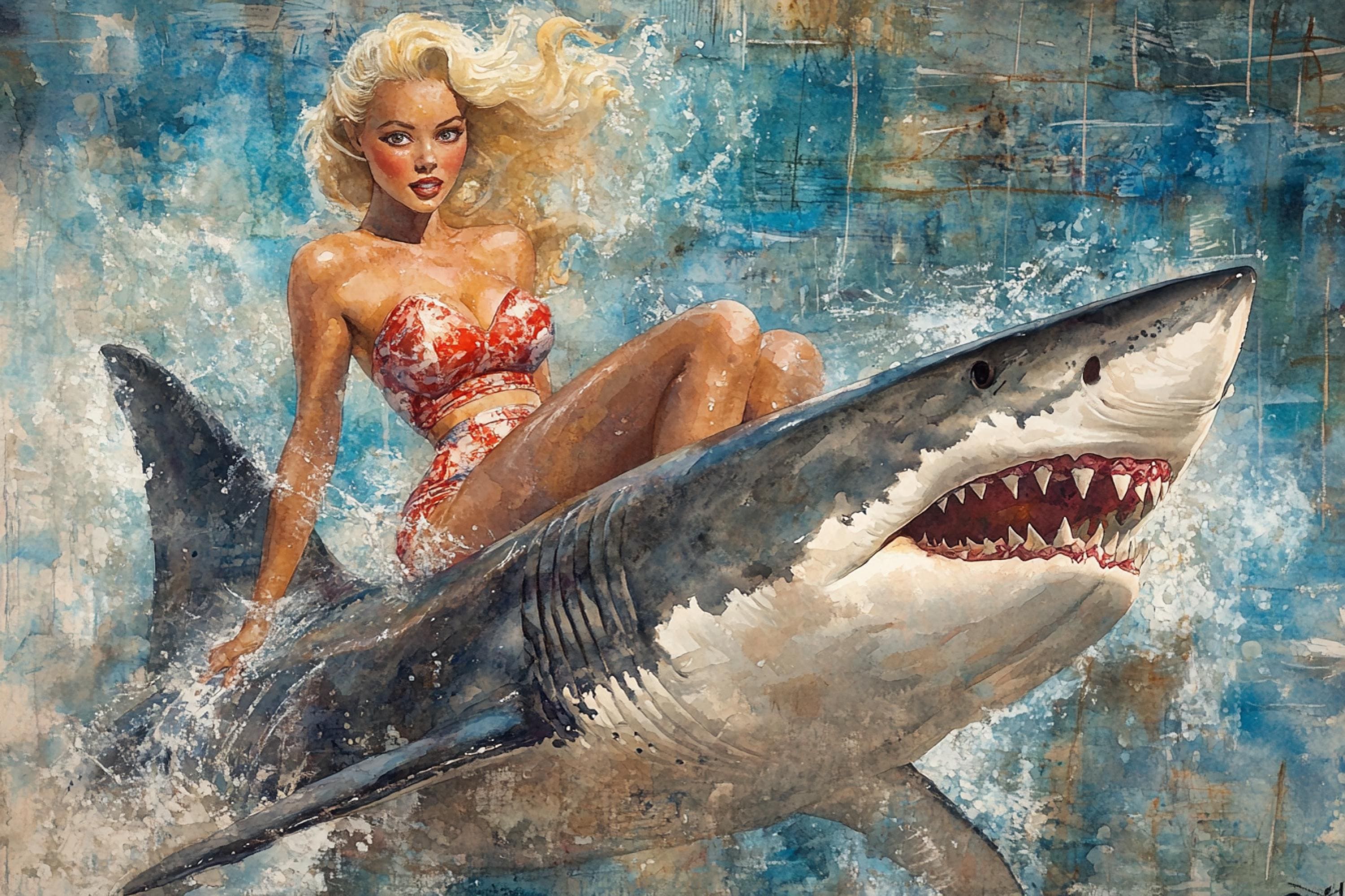 a painting of a woman sitting on top of a shark