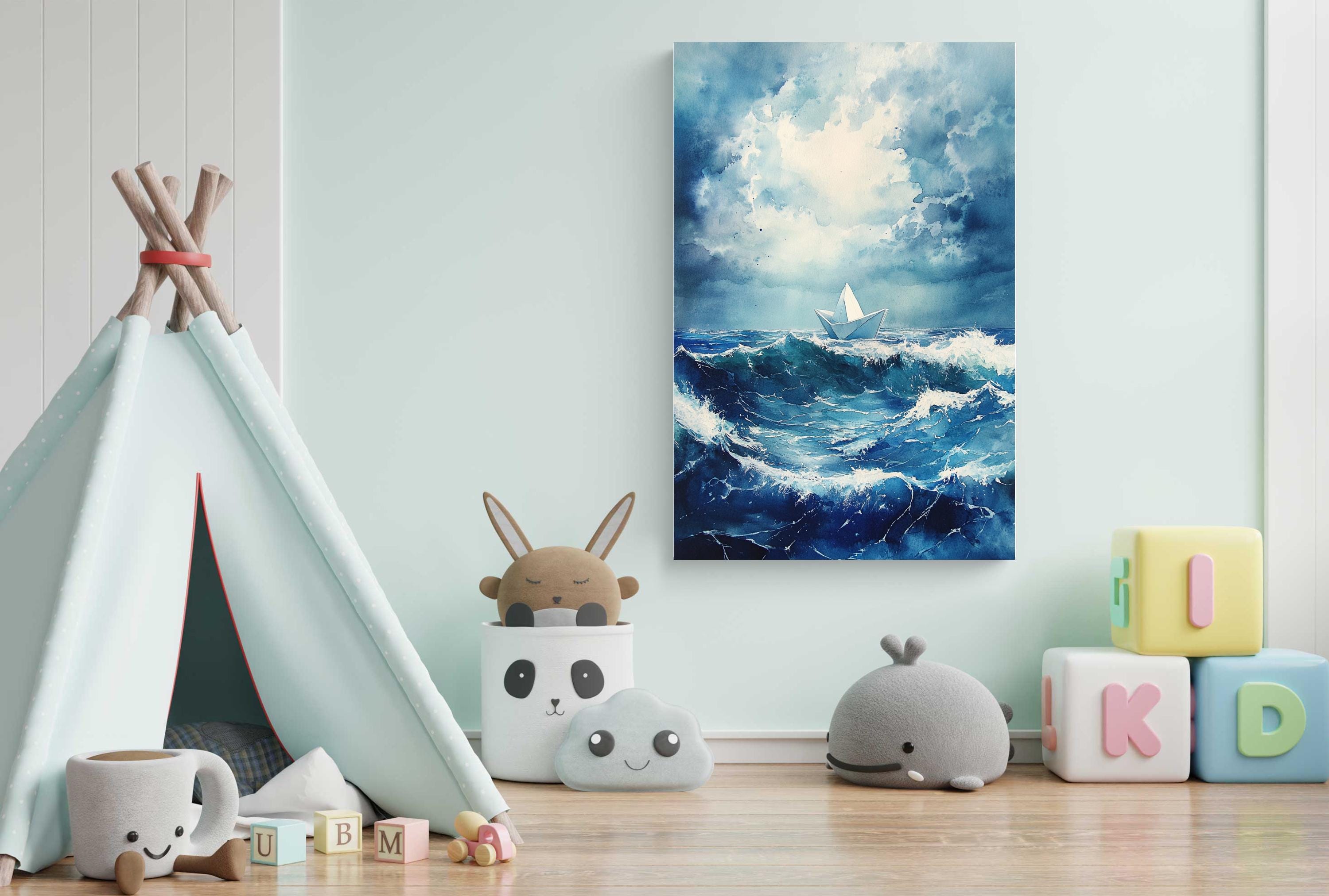 A child's bedroom with a teepee, stuffed animals, and alphabet blocks. The wall has a painting of a stormy ocean scene.
