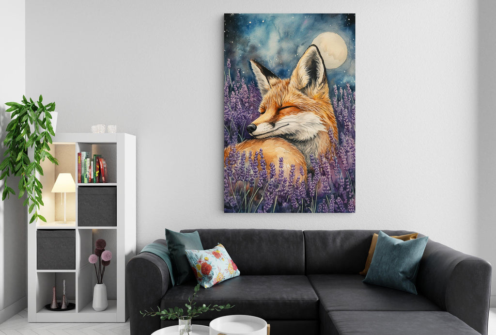 a cozy living room with a large painting of a sleeping fox in a field of purple flowers hanging on the wall above a black couch.